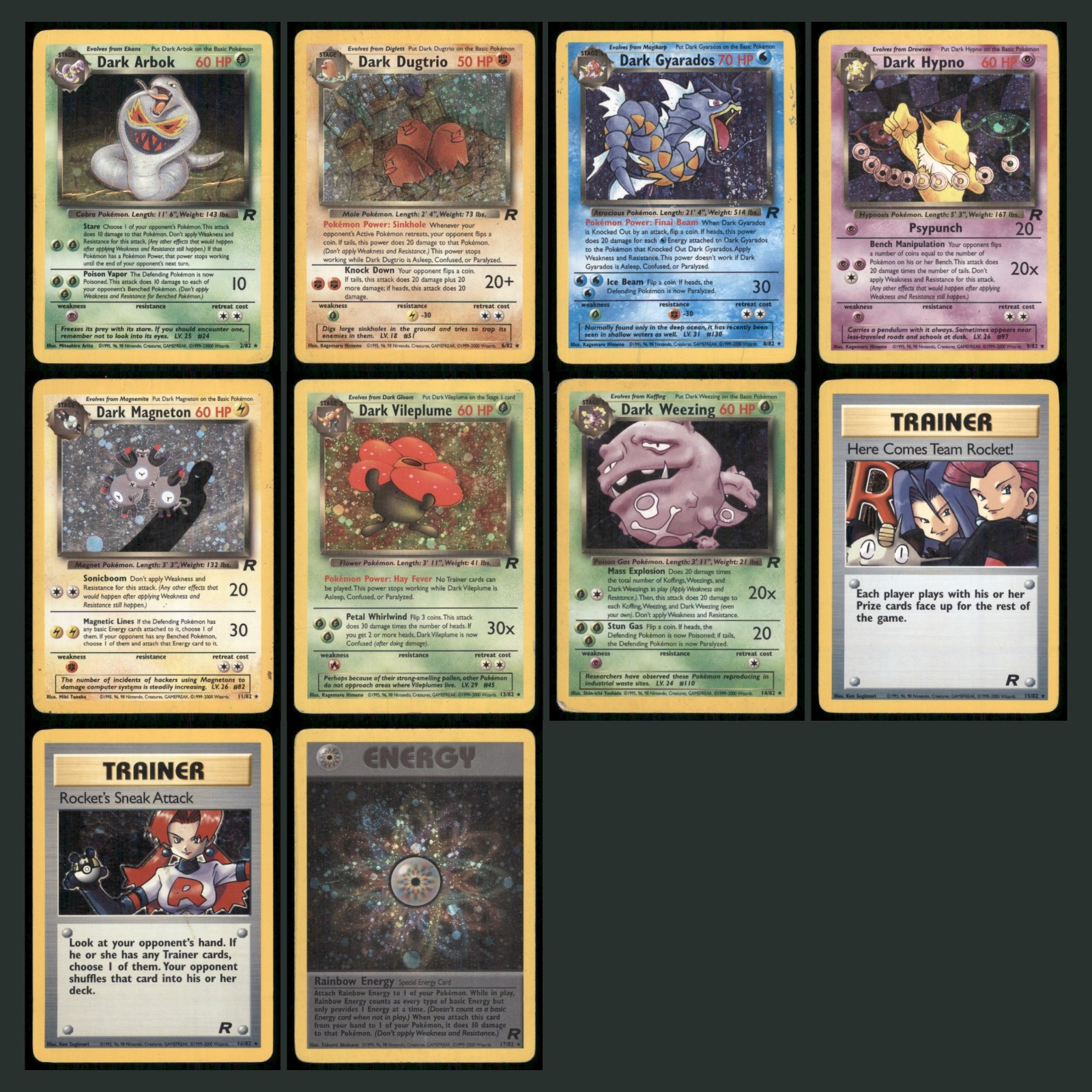 Vintage Pokemon Card Lot 10 Holo Cards 2000 Team Rocket Low Grade Dark Gyrados card scans. Overall card condition is Near Mint.