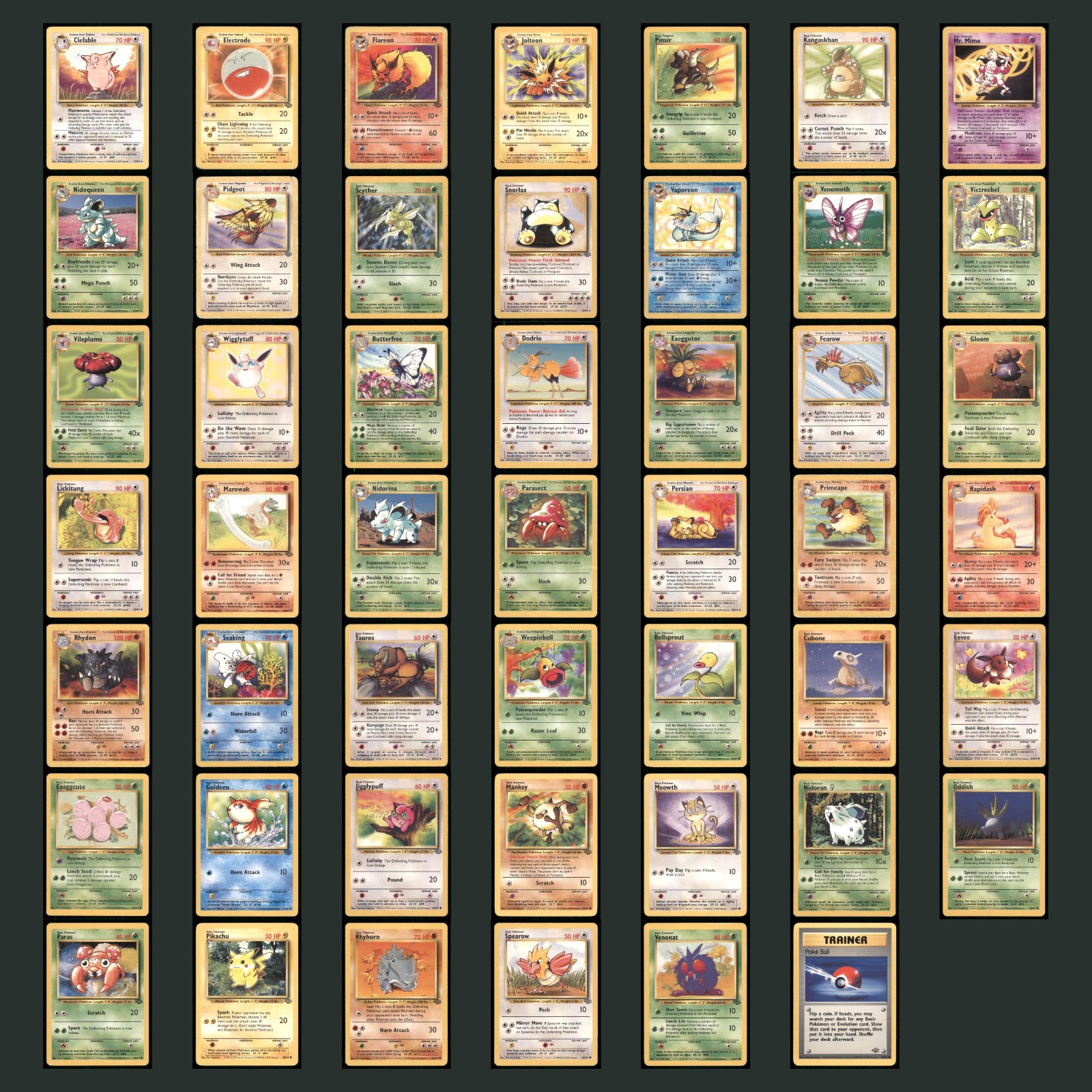 Vintage pokemon Card Lot 48 Cards Jungle Partial Set Low Grade Jolteon Flareon card scans. Overall card condition is Near Mint.