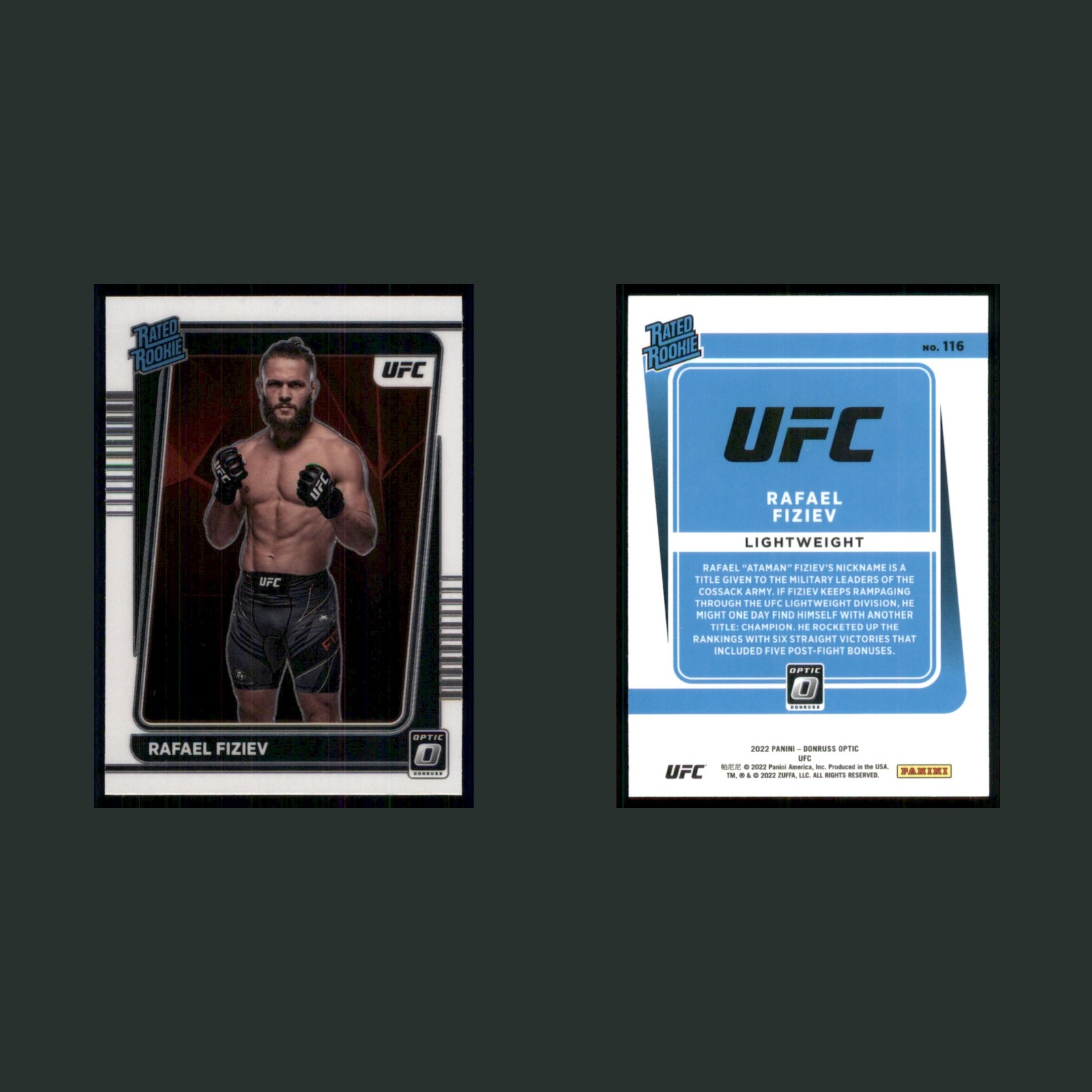 Rafael Fiziev Rookie #116 2022 Panini Donbuss Optic MMA Card front and back scans. Card condition is Near Mint.