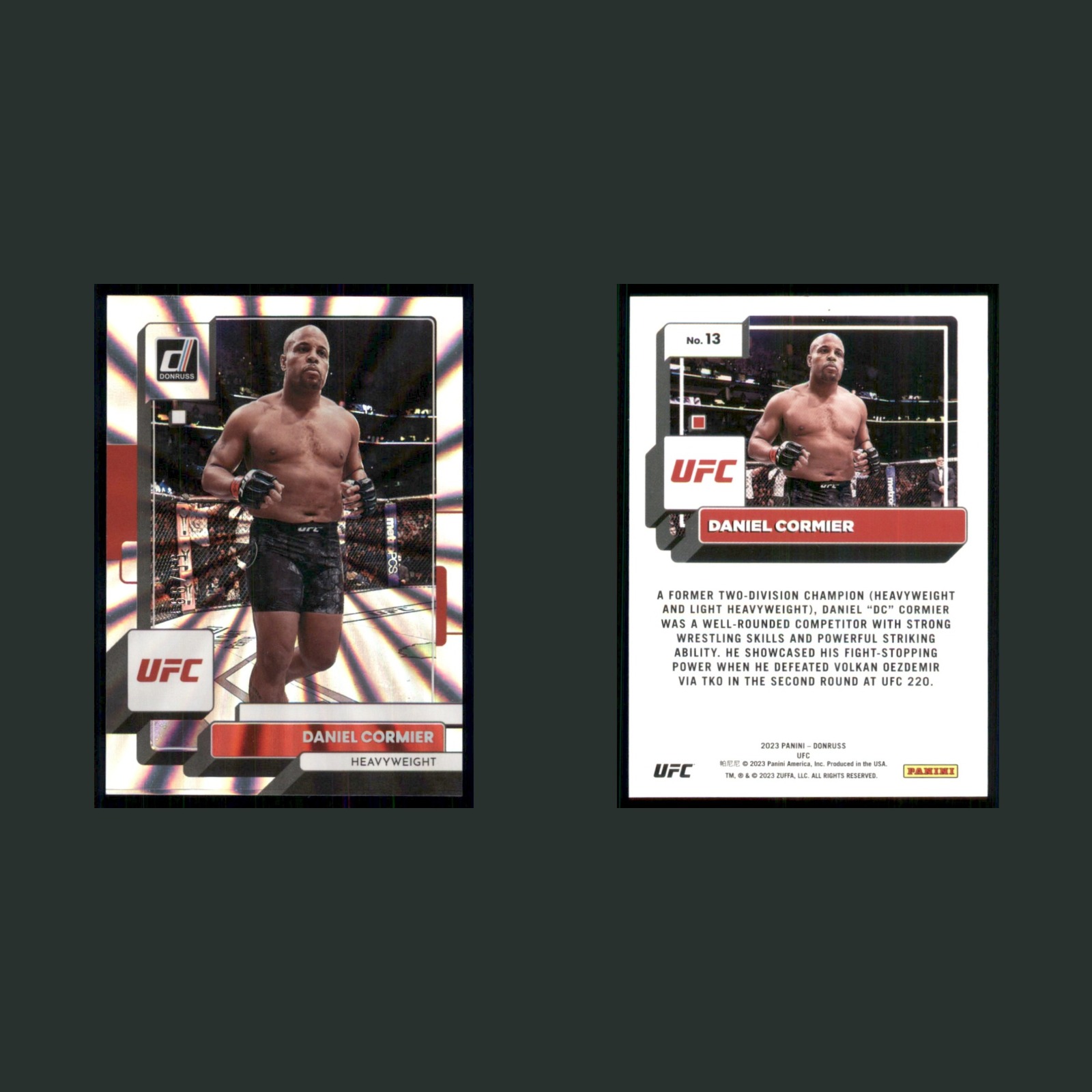 Daniel Cormier /99 #13 2023 Panini Donruss UFC Lazer MMA Card front and back scans. Card condition is Near Mint.