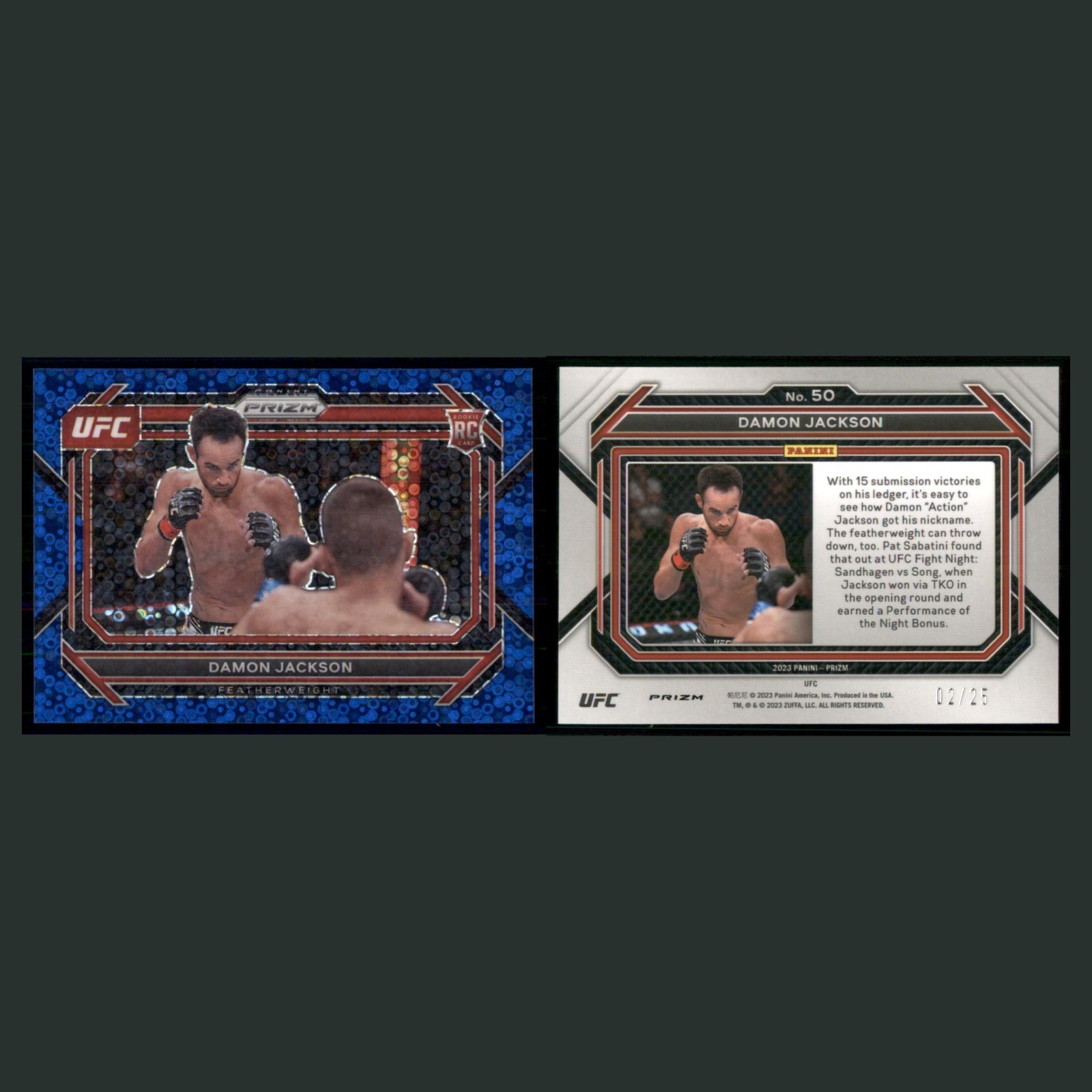 Damon Jackson Rookie /25 #50 2023 Panini Prizm UFC Blue Disco Undercard MMA Card front and back scans. Card condition is Near Mint.