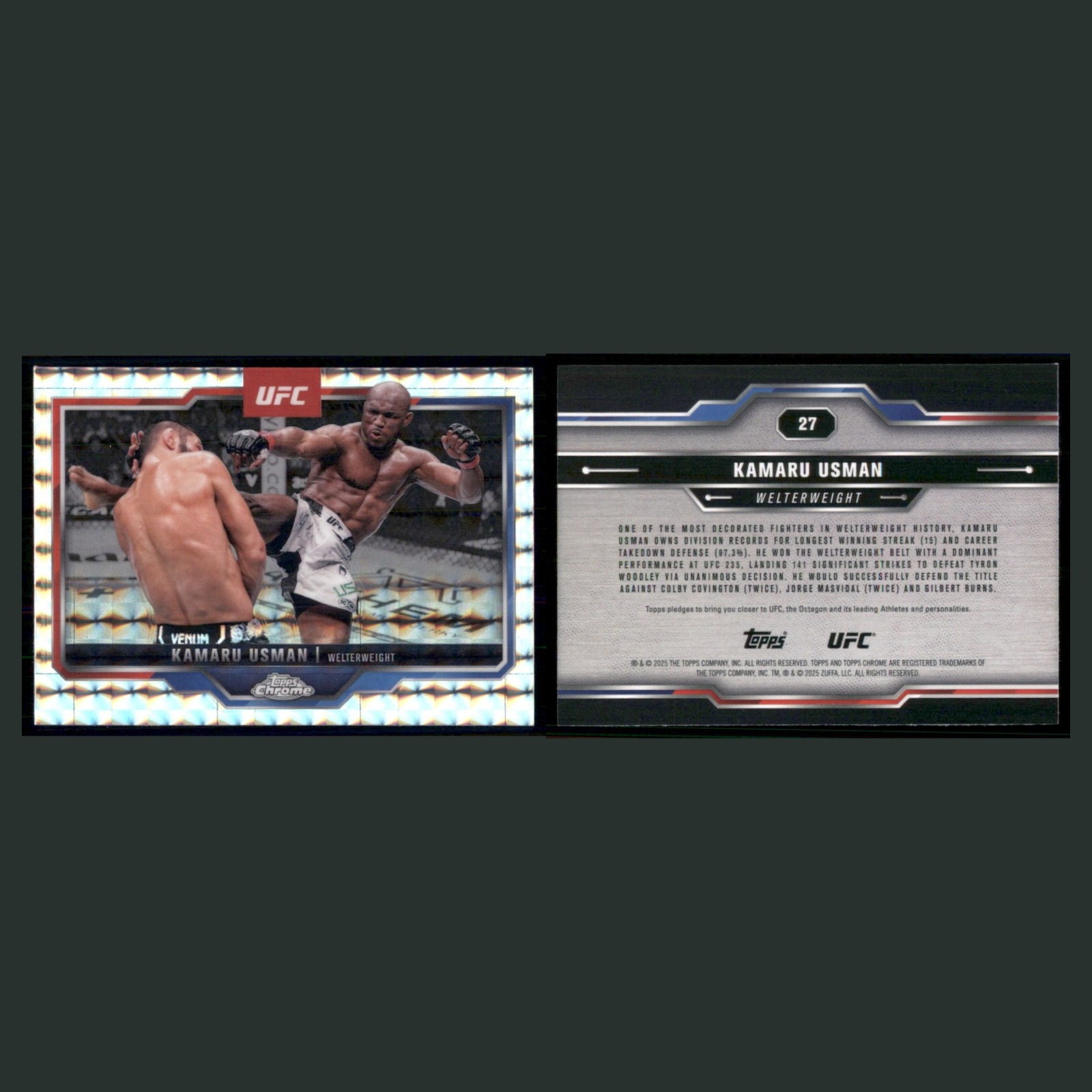 Kamaru Usman #27 2025 Topps Chrome UFC Geometric Refractor MMA Card front and back scans. Card condition is Near Mint.