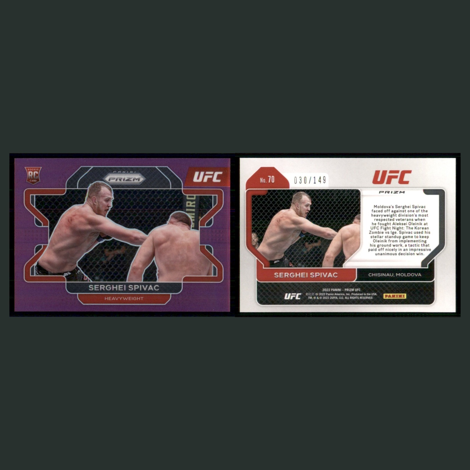 Serghei Spivac Rookie /149 #70 2022 Panini Prizm UFC Purple MMA Card front and back scans. Card condition is Near Mint.