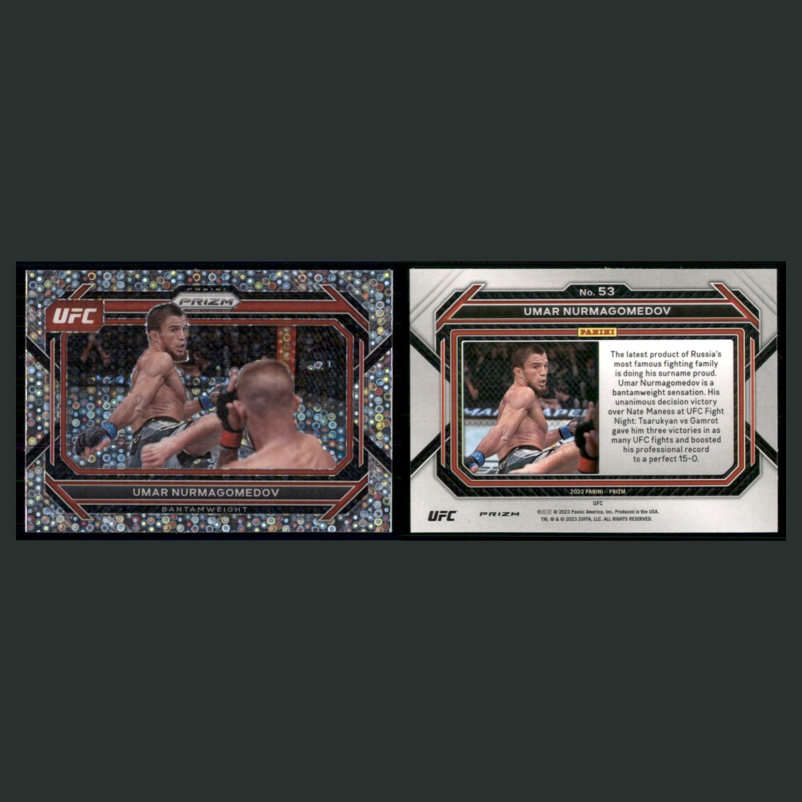 Umar Nurmagomedov #53 2023 Panini Prizm UFC Disco Under Card MMA Card front and back scans. Card condition is Near Mint.