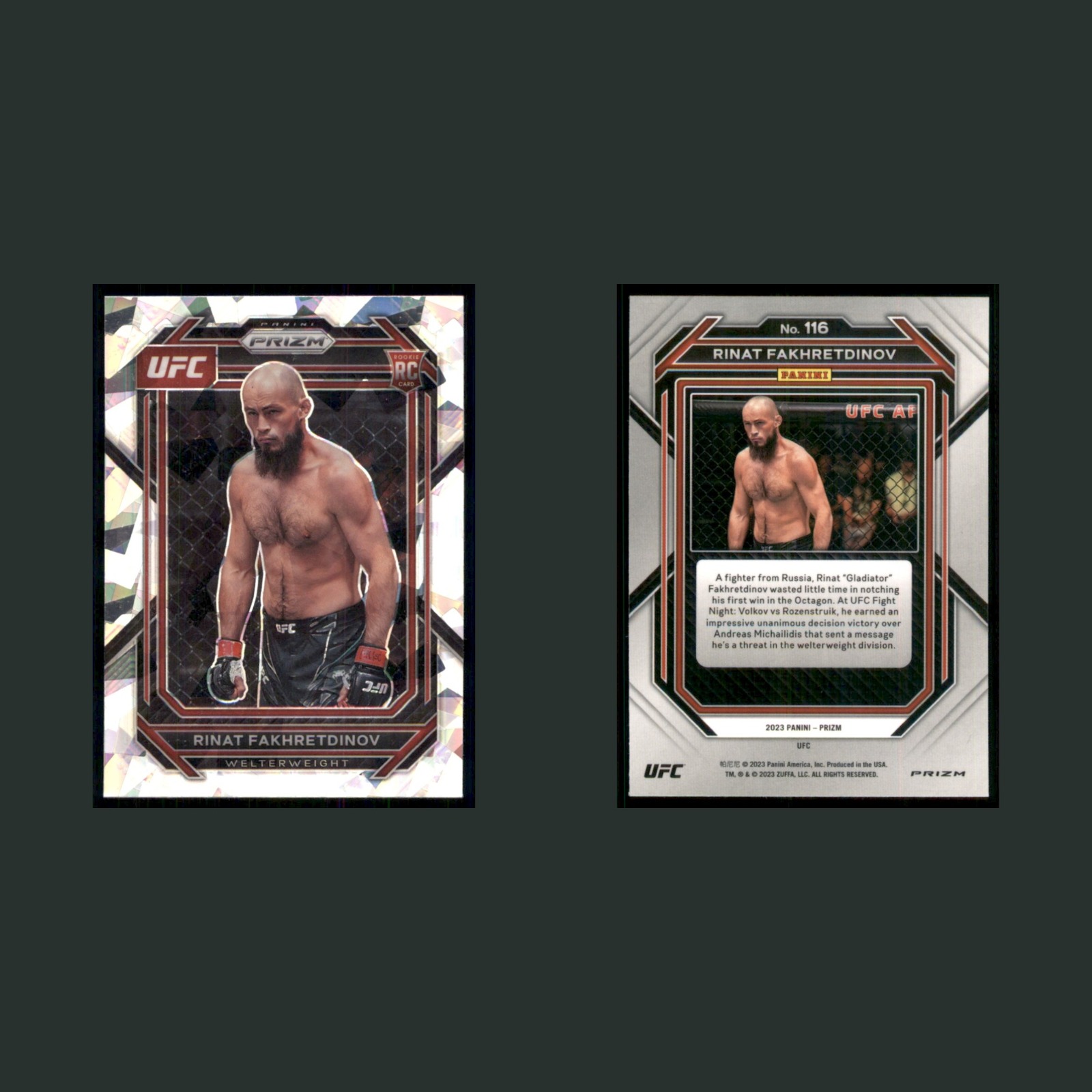Rinat Fakhrredinov Rookie #116 2023 Panini Prizm UFC Cracked ice MMA Card front and back scans. Card condition is Near Mint.