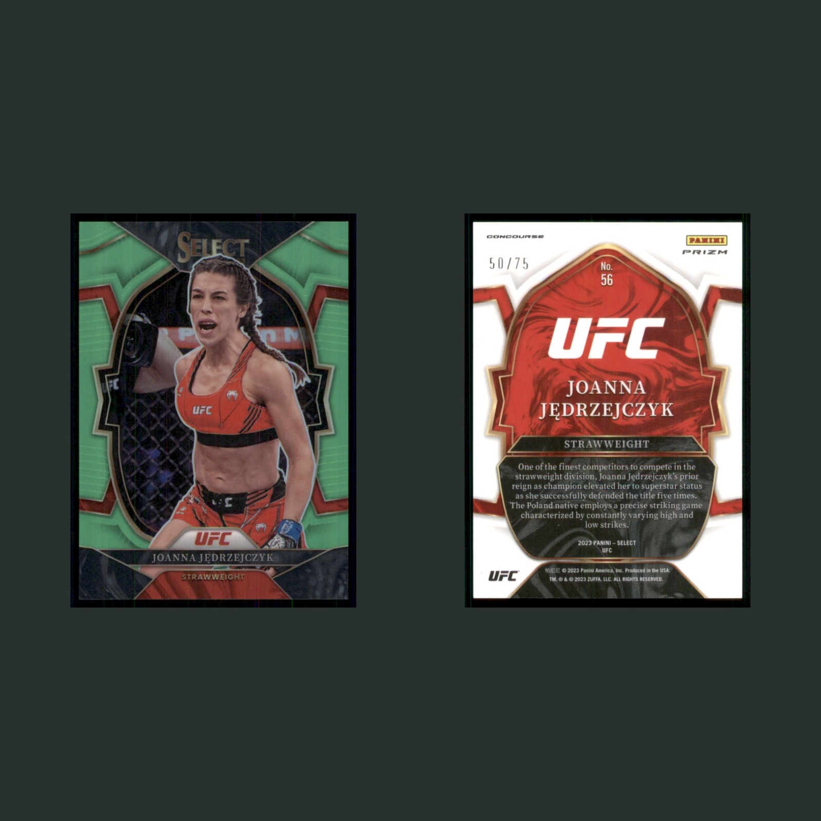 Joanna Jedrzejczyk /75 #56 2023 Panini Select UFC Green Prizm MMA Card front and back scans. Card condition is Near Mint.