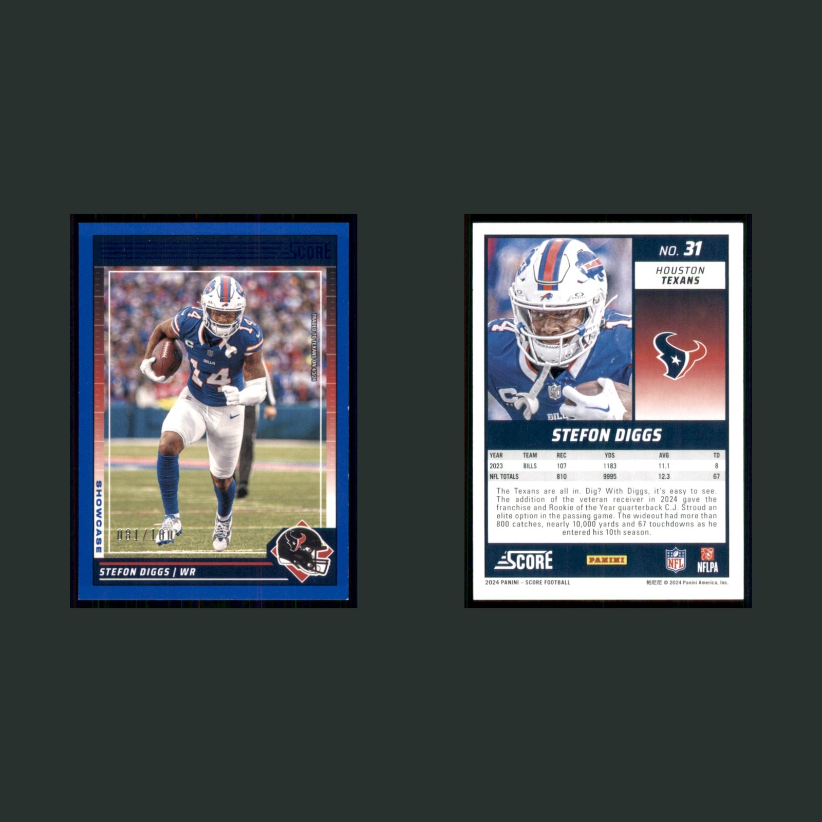 Stefon Diggs /100 #31 2024 Score Showcase Blue Houston Texans Football Card NFL front and back scans. Card condition is Near Mint.