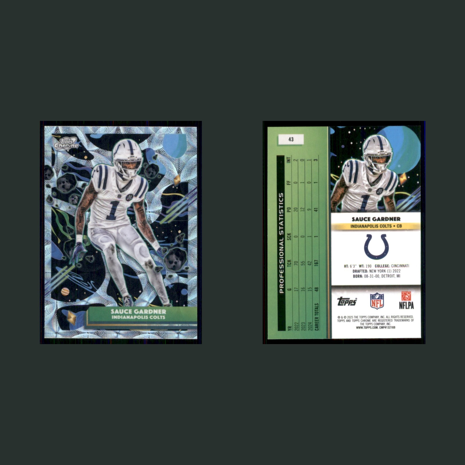 Sauce Gardner #43 2025 Topps Chrome Cosmic Nucleus Refractor Indianapolis Colts front and back scans. Card condition is Near Mint.