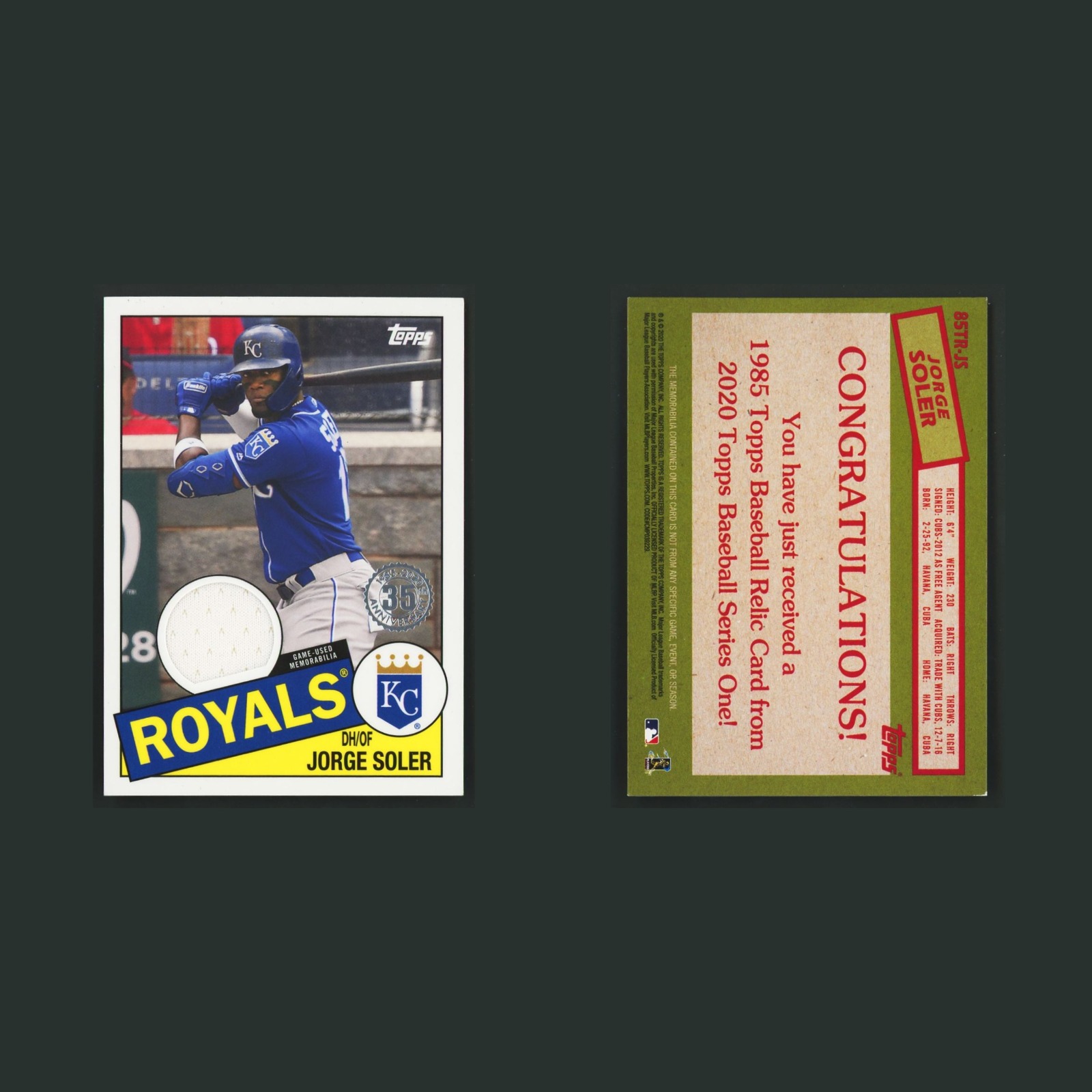 Jorge Soler Patch #85TR-JS 2020 Topps Kansas City Royals Baseball Card MLB front and back scans. Card condition is Near Mint.