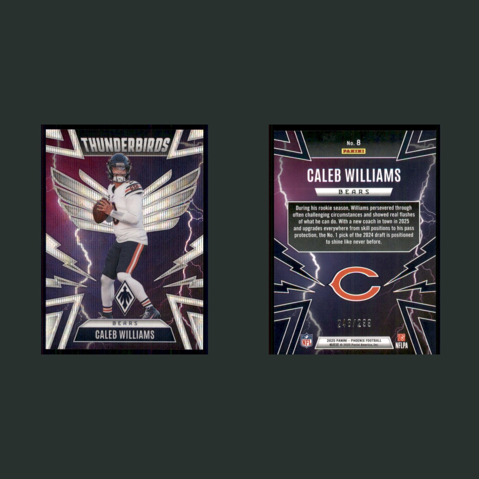 Caleb Williams /299 #8 2025 Panini Phoenix Thunderbirds Wave Prizm Chicago Bears front and back scans. Card condition is Near Mint.