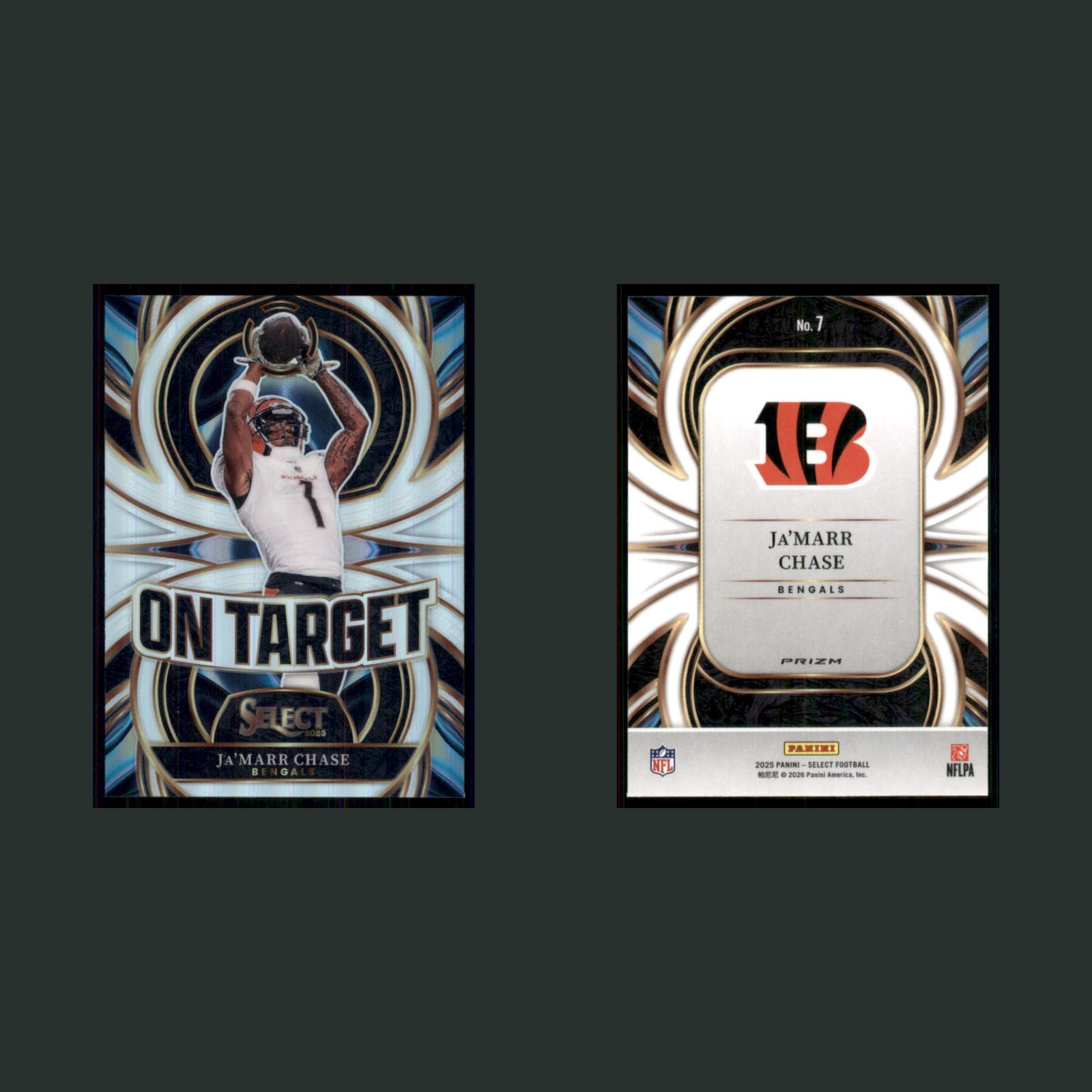Ja'Marr Chase #7 2025 Panini Select On Target Silver Prizm Cincinnati Bengals front and back scans. Card condition is Near Mint.