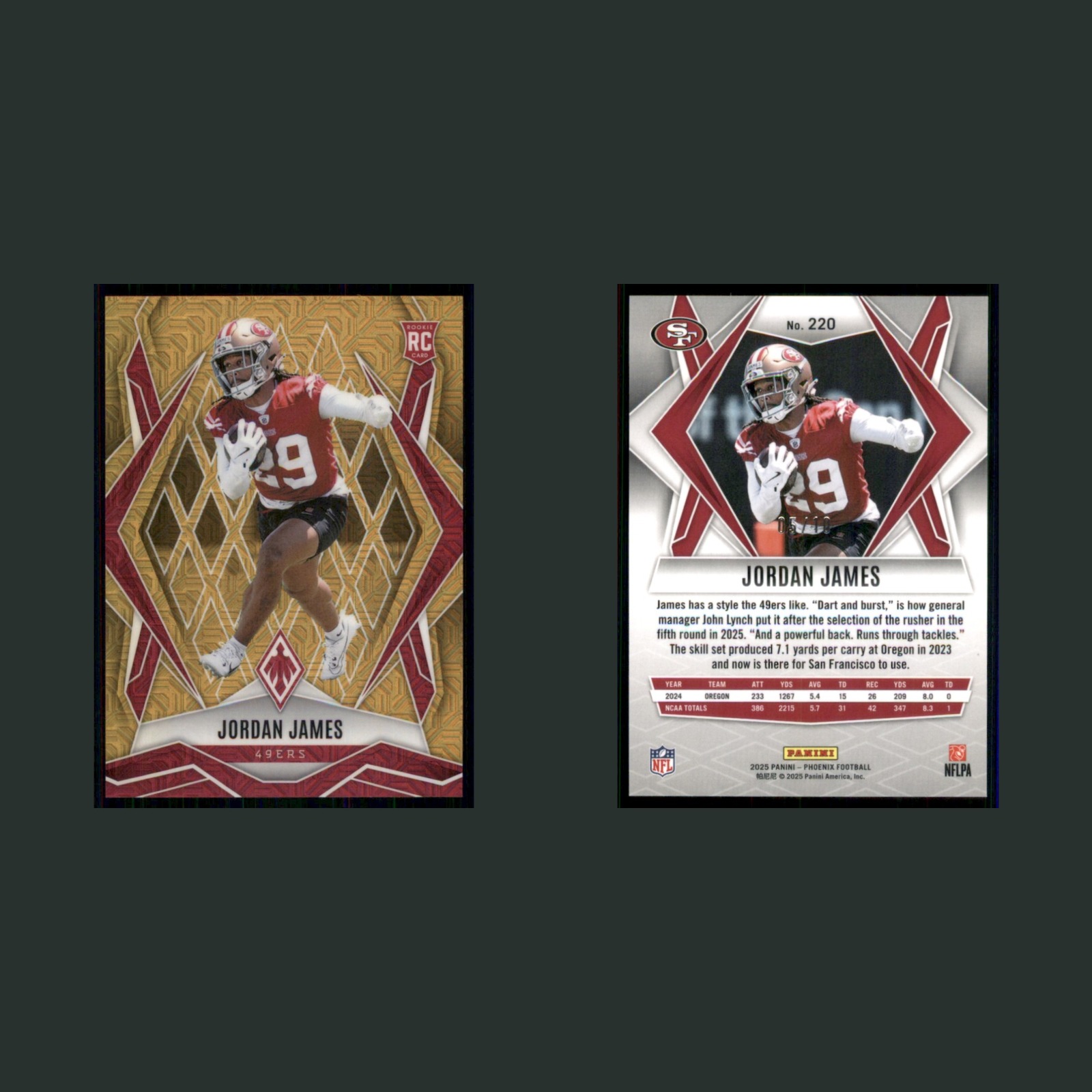 Jordan James Rookie /10 #220 2025 Panini Phoenix Gold Mojo Prizm 49ers Football front and back scans. Card condition is Near Mint.
