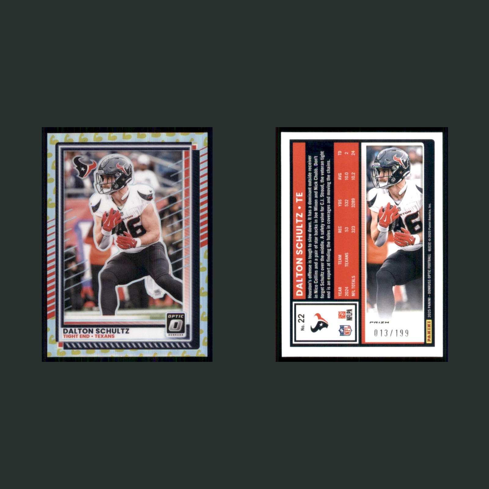 Dalton Schultz /199 #22 2025 Donruss Optic Flex Prizm Houston Texans Football front and back scans. Card condition is Near Mint.