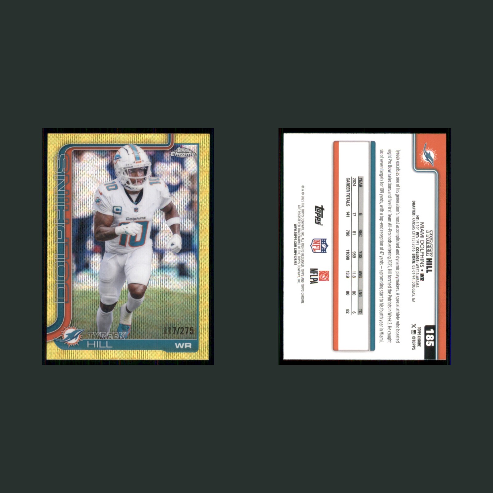 Tyreek Hill Auto /275 #185 Autograph 2025 Topps Chrome Yellow Wave Refractor NFL front and back scans. Card condition is Near Mint.