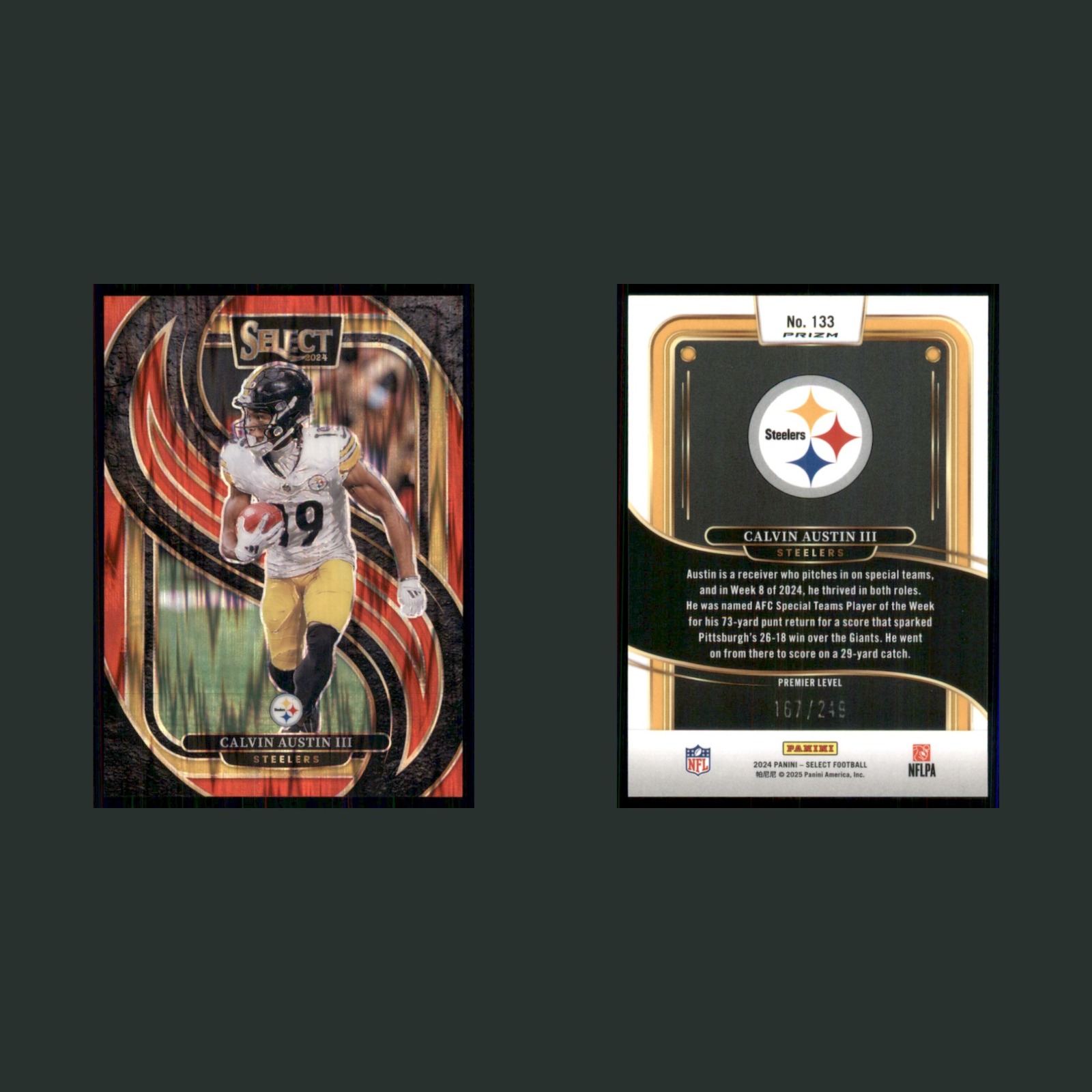 Calvin Austin III /249 #133 2024 Panini Select Shock Prizm Pittsburgh Steelers front and back scans. Card condition is Near Mint.