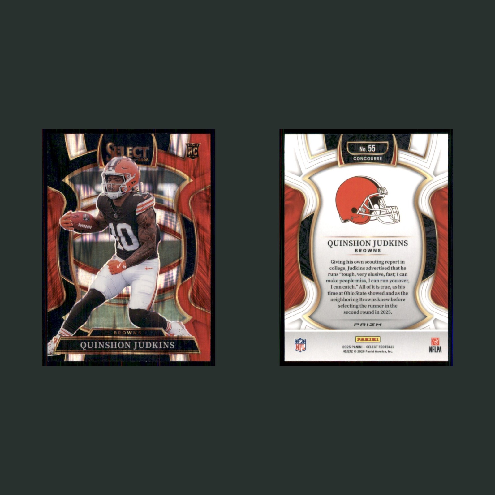 Quinshon Judkins Rookie #55 2025 Panini Select Shock Prizm Cleveland Browns Card front and back scans. Card condition is Near Mint.