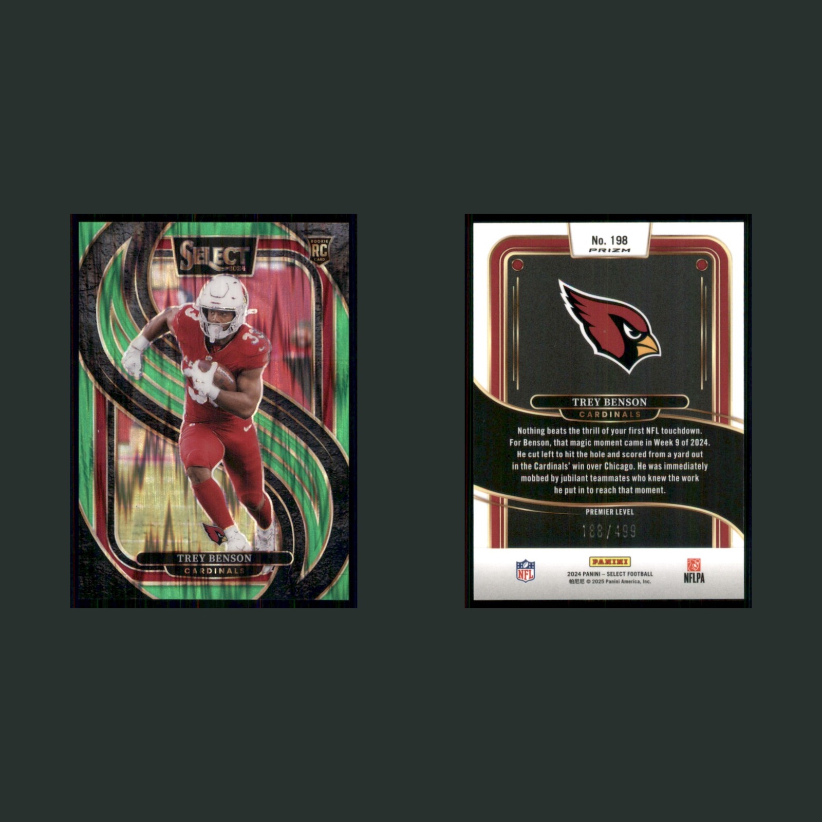 Trey Benson Rookie /499 #198 2024 Panini Select Neon Green Prizm Shock Cardinals front and back scans. Card condition is Near Mint.