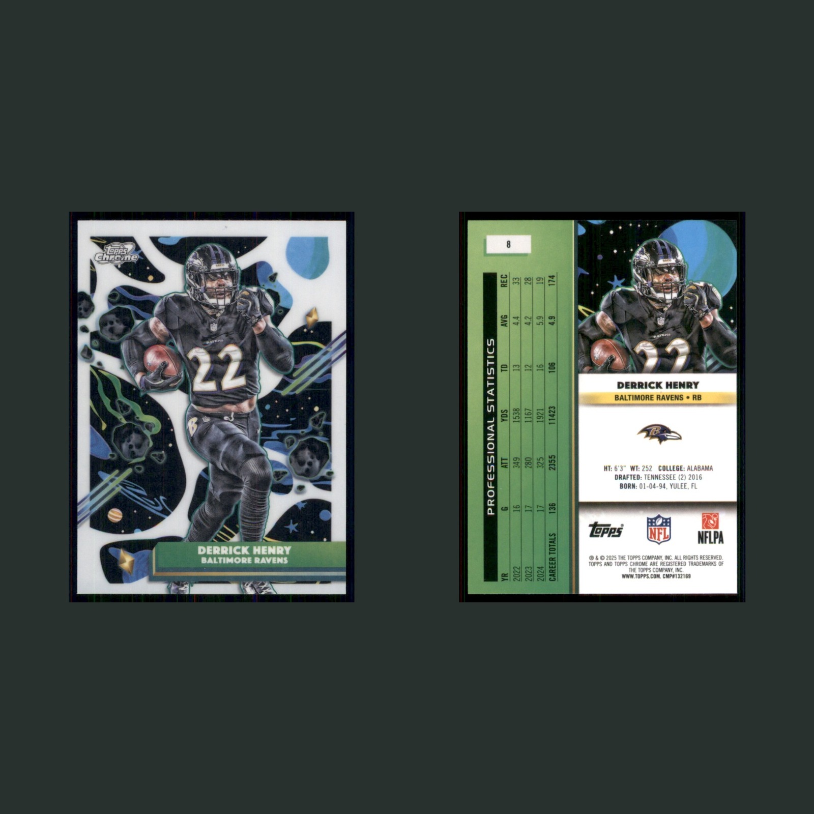 Derrick Henry #8 2025 Topps Chrome Cosmic White Hole Refractor Baltimore Ravens front and back scans. Card condition is Near Mint.