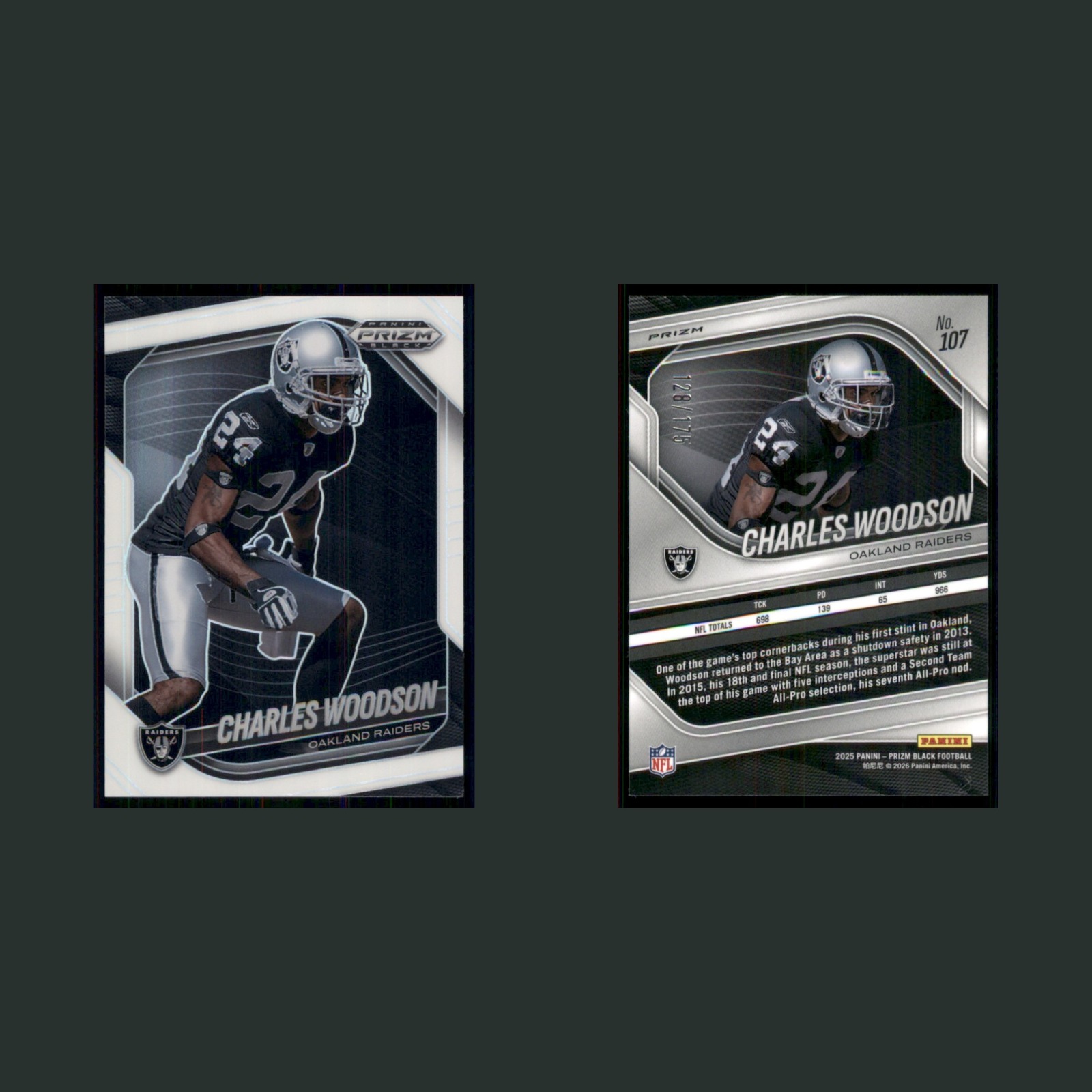 Charles Woodson /175 #107 2025 Panini Prizm Black Prizms White Oakland Raiders front and back scans. Card condition is Near Mint.