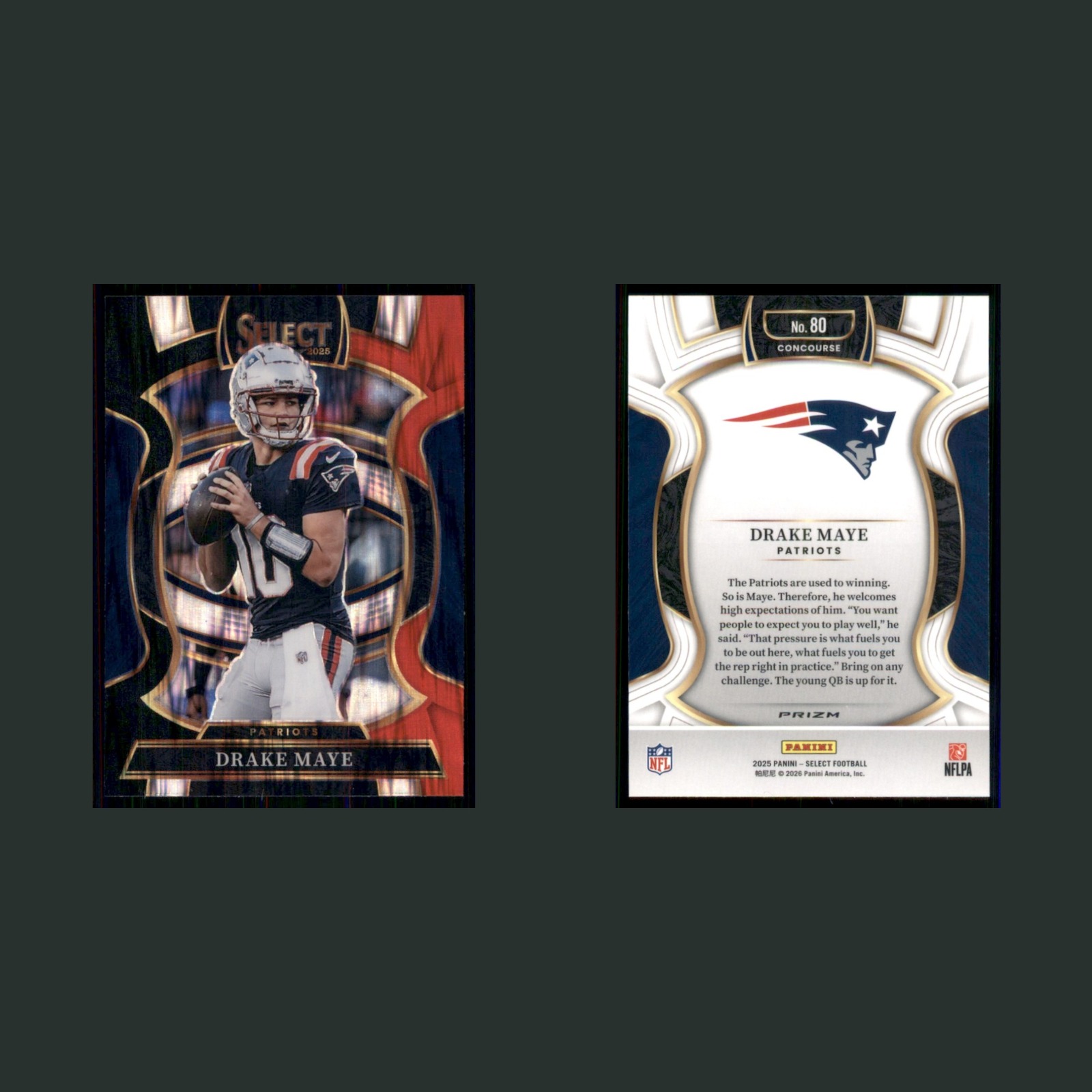Drake Maye #80 2025 Panini Select Shock Prizm New England Patriots Football Card front and back scans. Card condition is Near Mint.