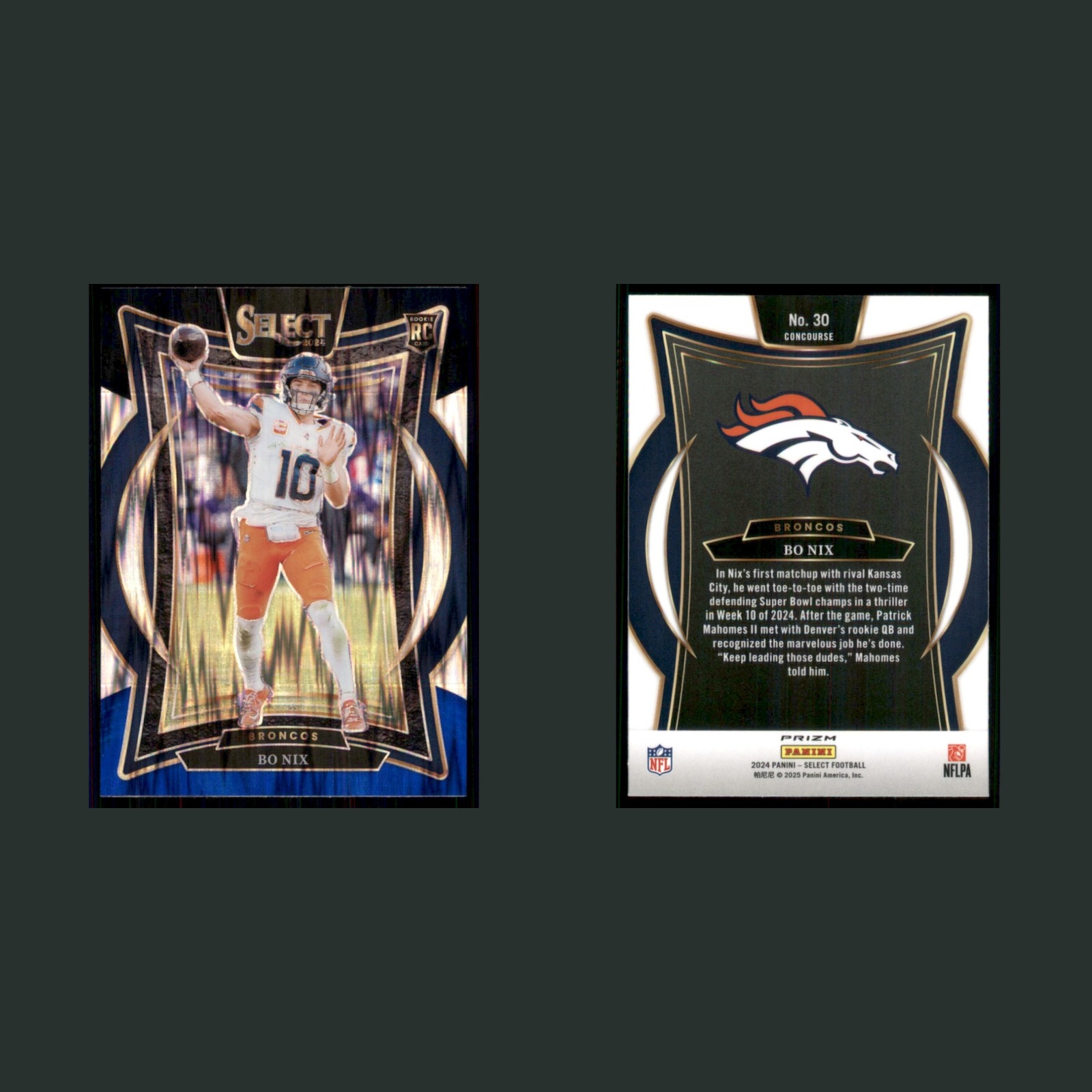 Bo Nix #30 2024 Panini Select Black Blue Shock Prizm Denver Broncos Football NFL front and back scans. Card condition is Near Mint.