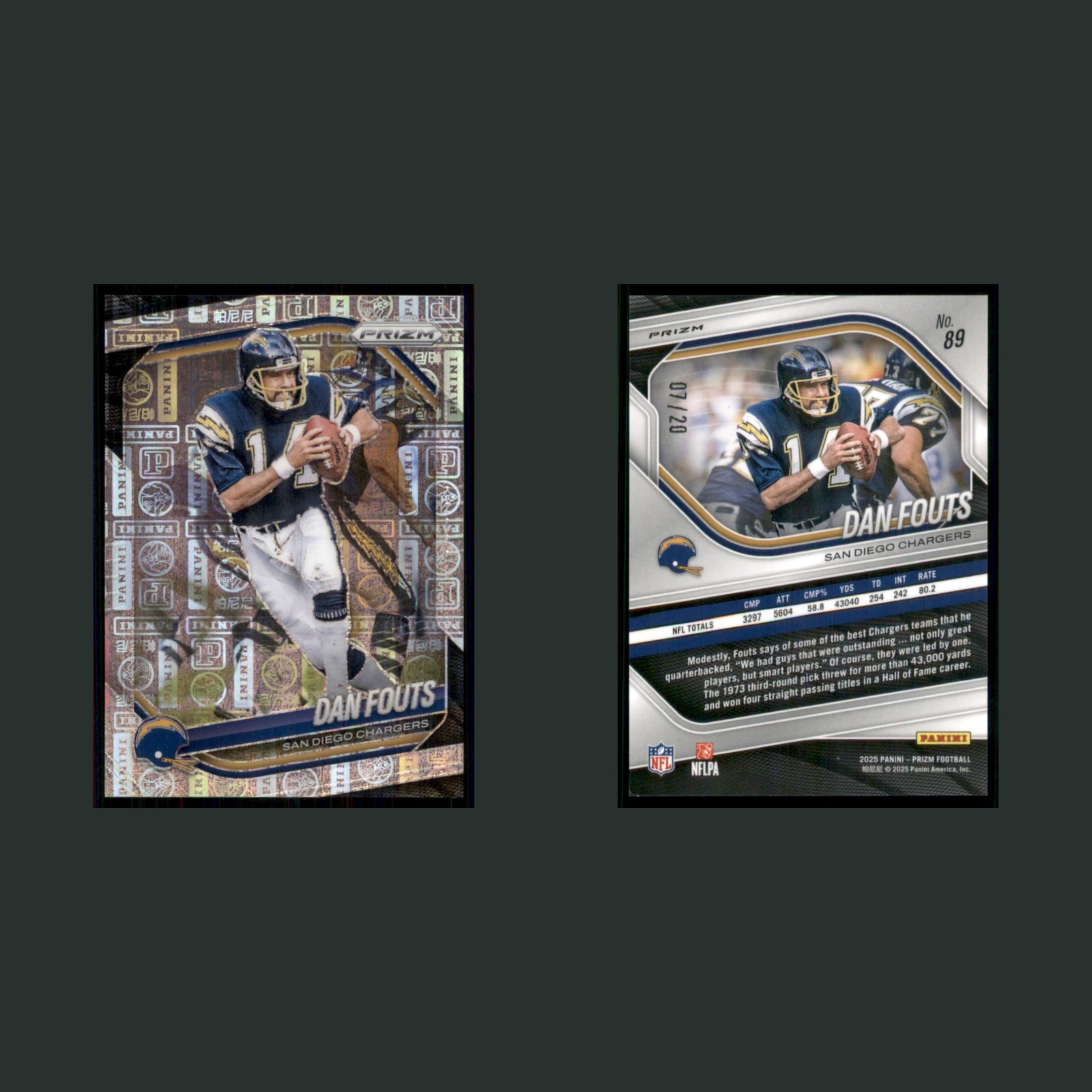Dan Fouts /20 #89 2025 Panini Prizm Logo San Diego Chargers Football Card NFL front and back scans. Card condition is Near Mint.