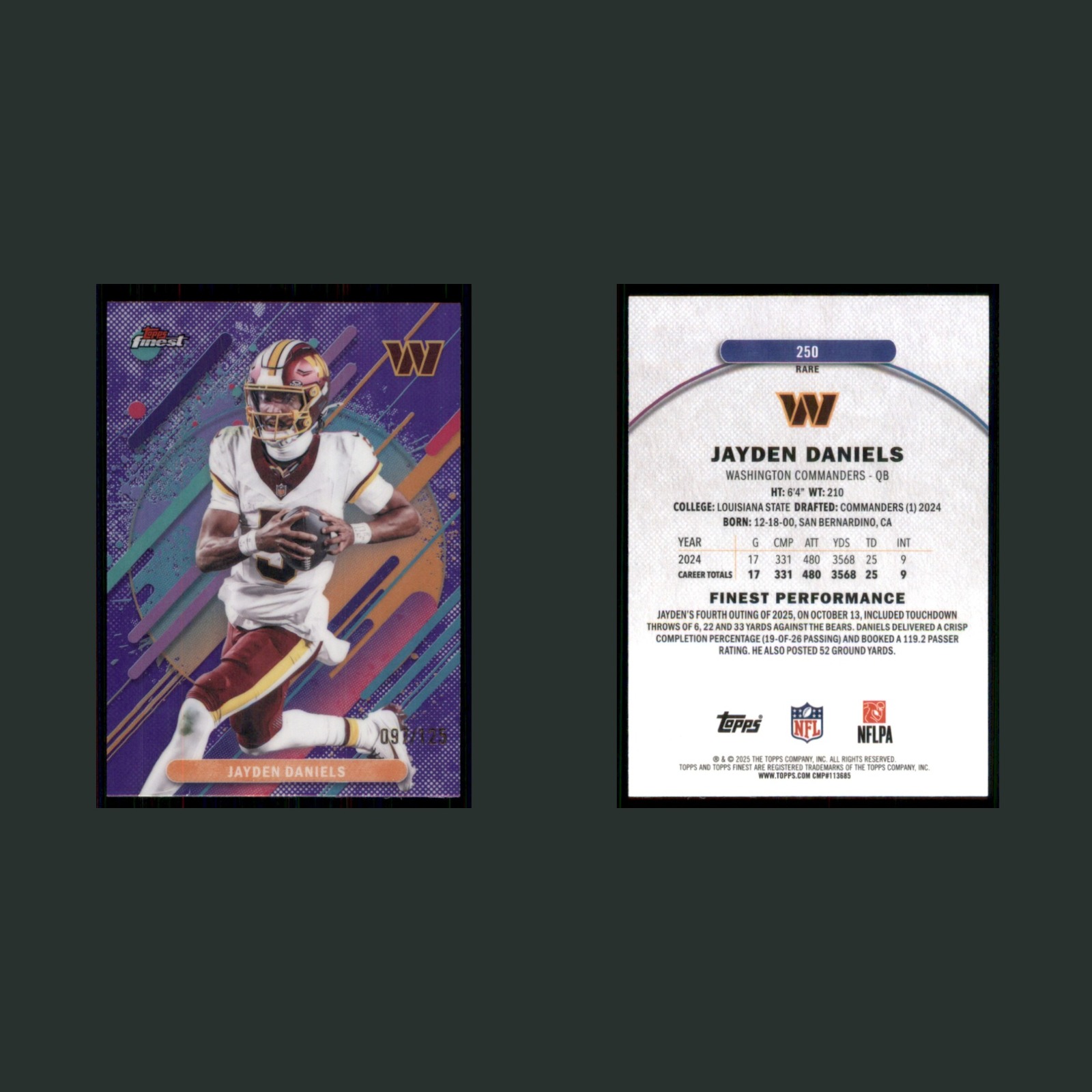 Jayden Daniels /125 #250 2025 Finest Purple Refractor Washington Commanders Card front and back scans. Card condition is Near Mint.