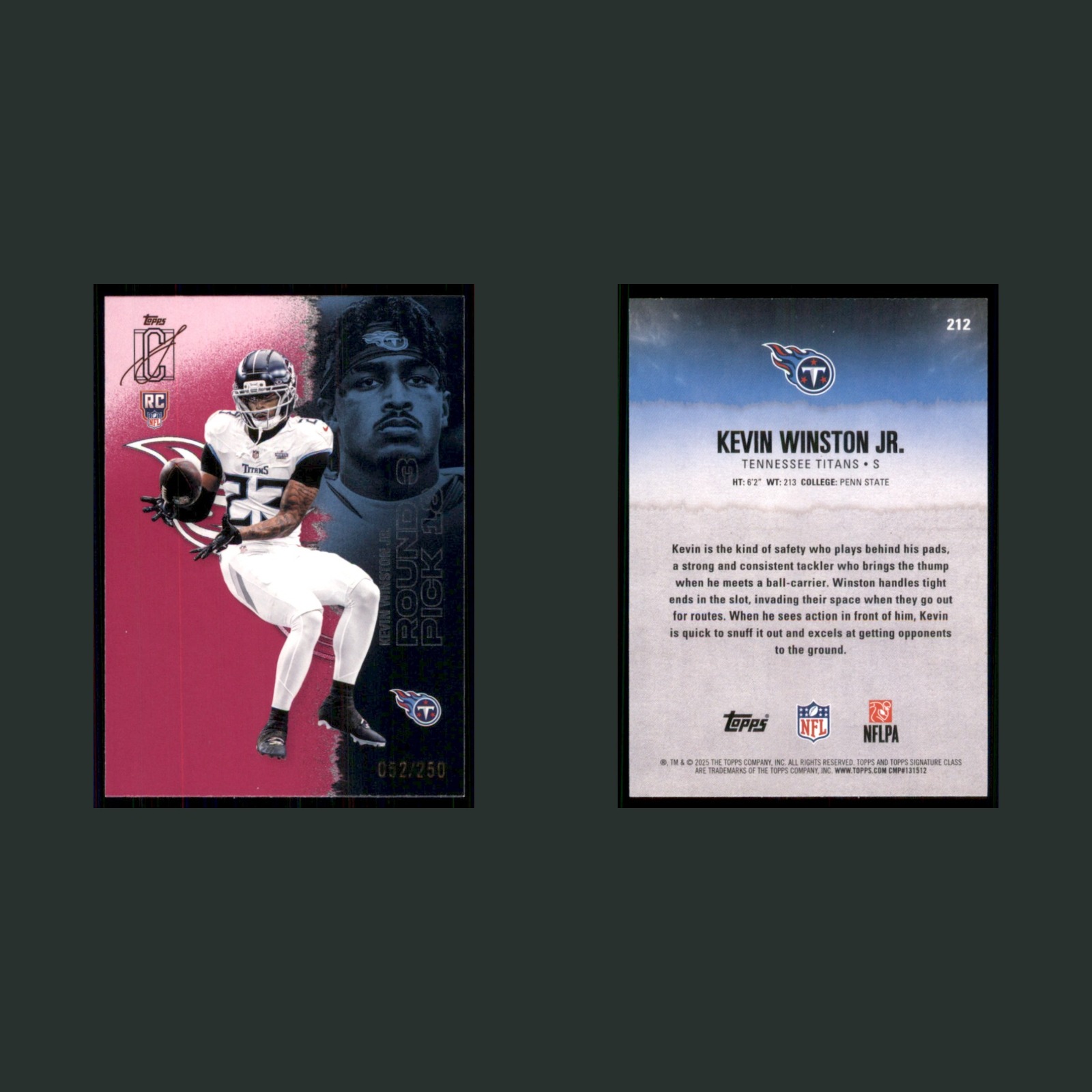 Kevin Winston Jr /250 #212 2025 Topps Signature Class Magenta Tennessee Titans front and back scans. Card condition is Near Mint.