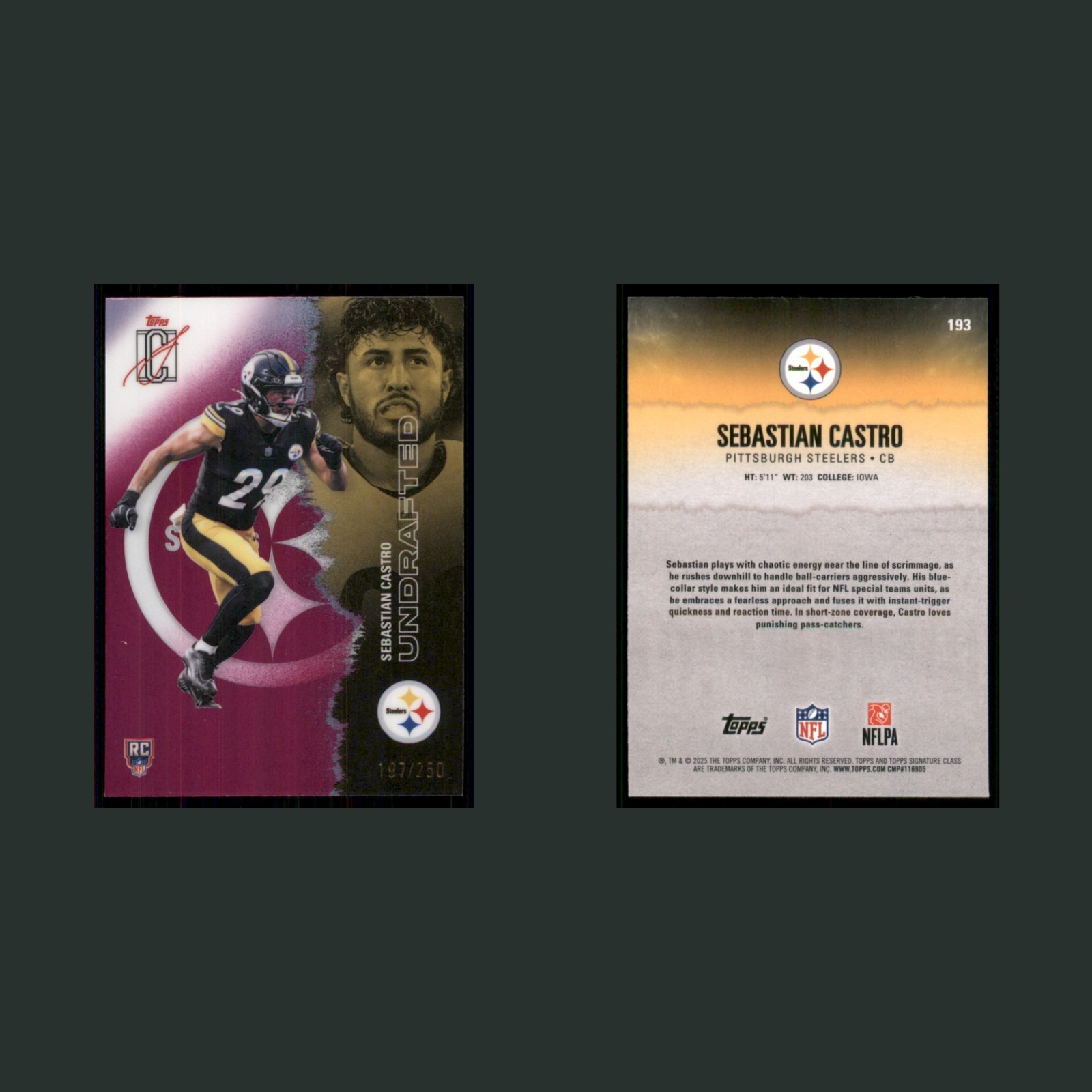 Sebastian Castro Rookie /250 #193 2025 Topps Signature Class Magenta Steelers front and back scans. Card condition is Near Mint.
