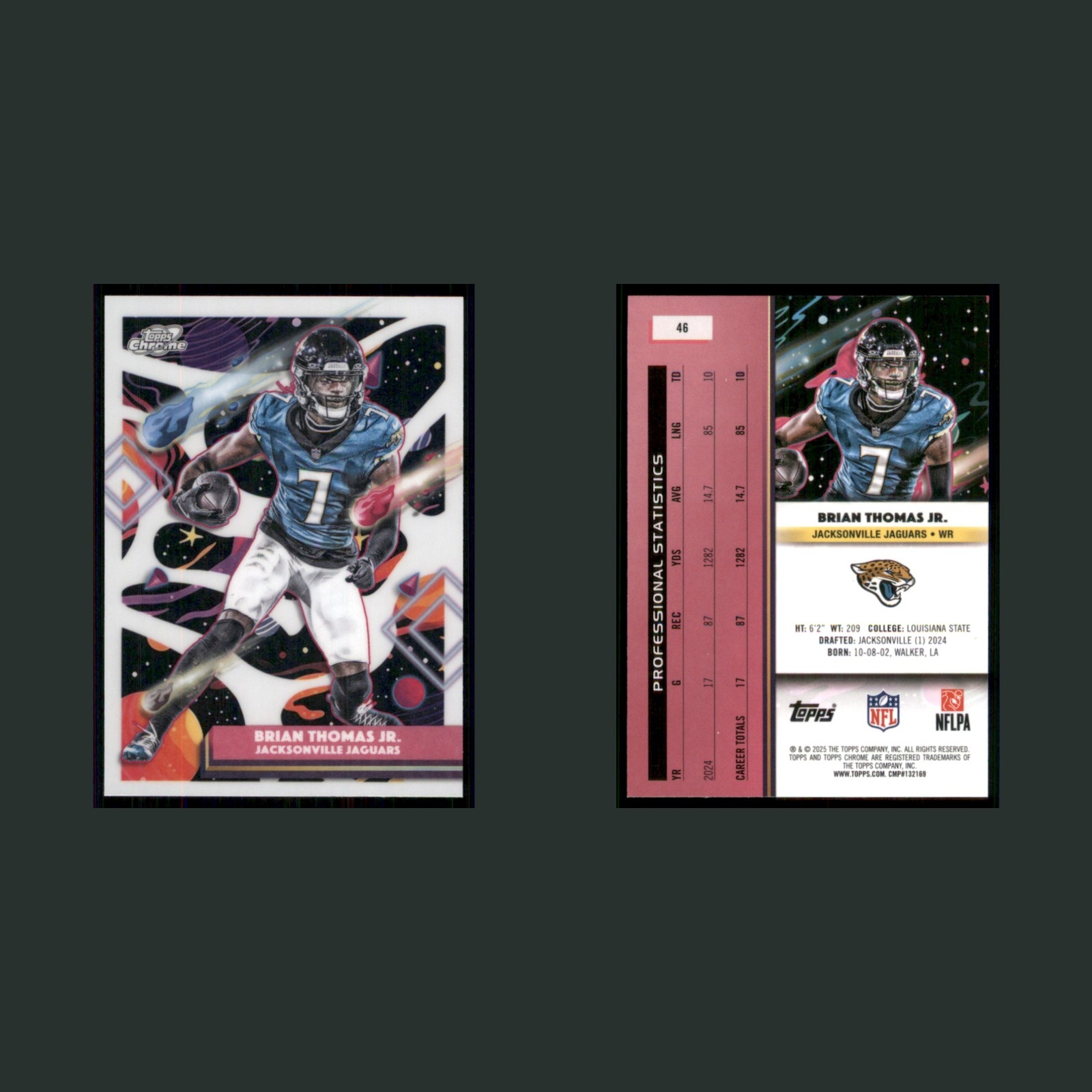 Brian Thomas Jr #46 2025 Topps Chrome Cosmic White Hole Refractor Jaguars Card front and back scans. Card condition is Near Mint.