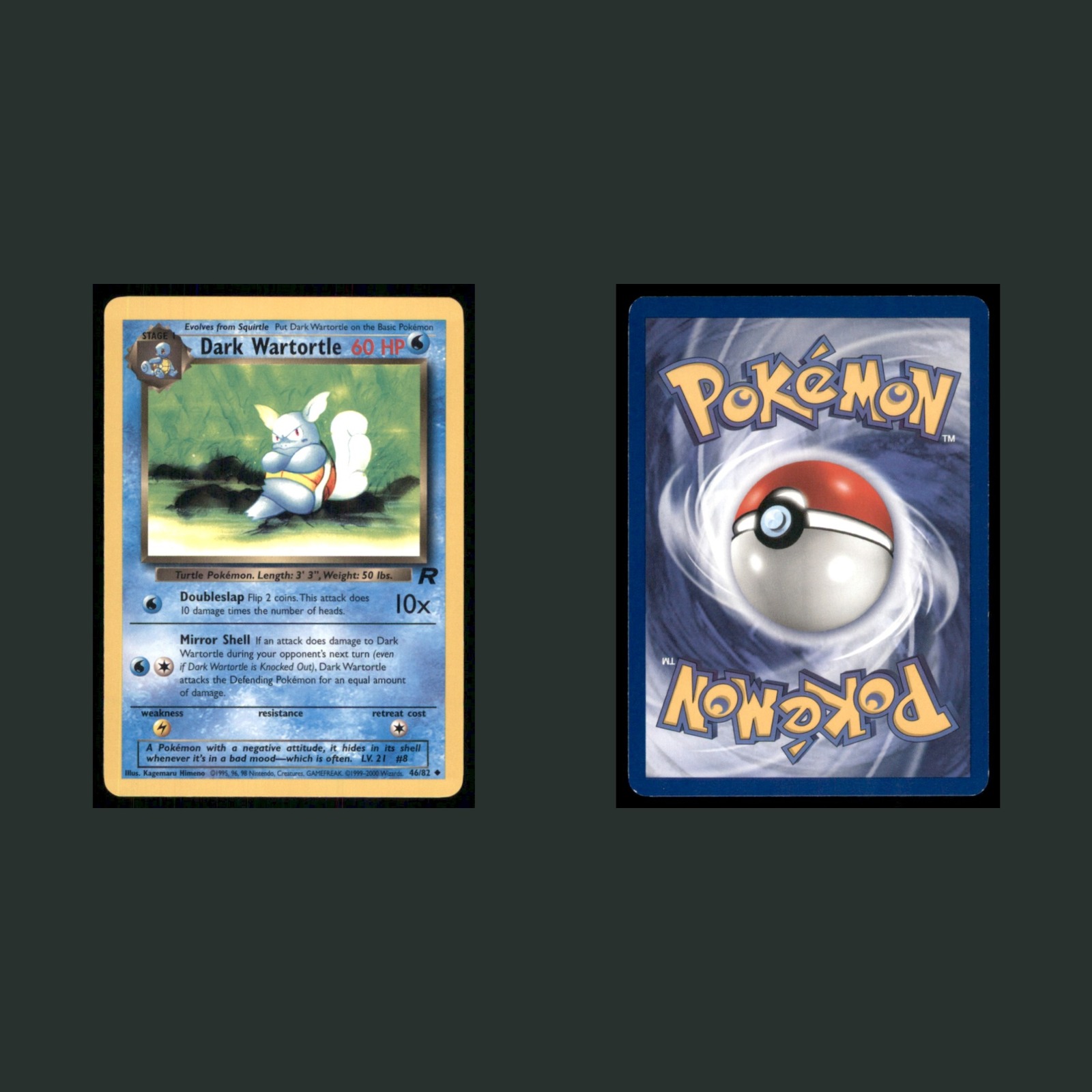 Dark Wartortle 46/82 2000 Uncommon Pokemon TCG Card front and back scans. Card condition is Excellent.