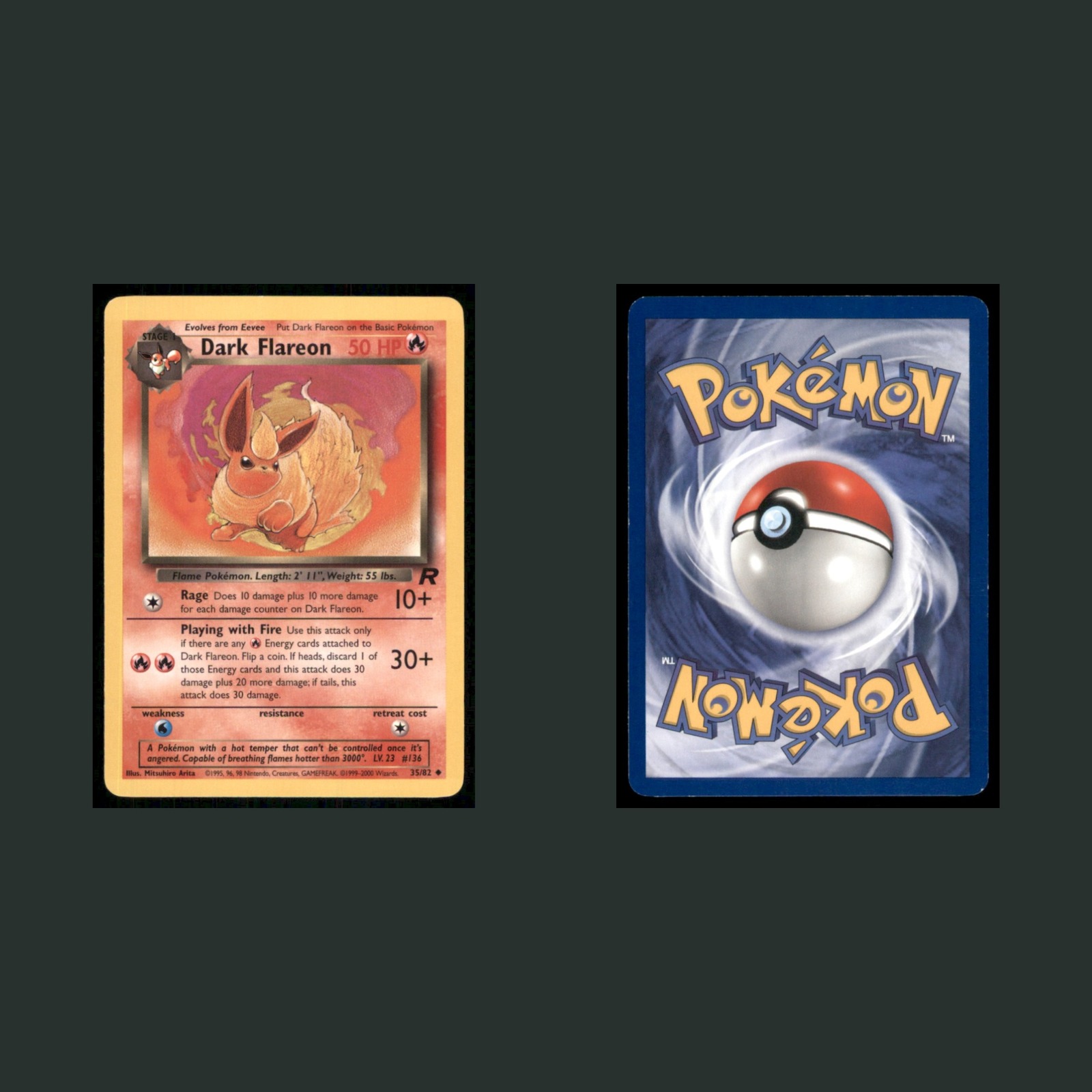 Dark Flareon 35/82 2000 Uncommon Pokemon TCG Card front and back scans. Card condition is Excellent.