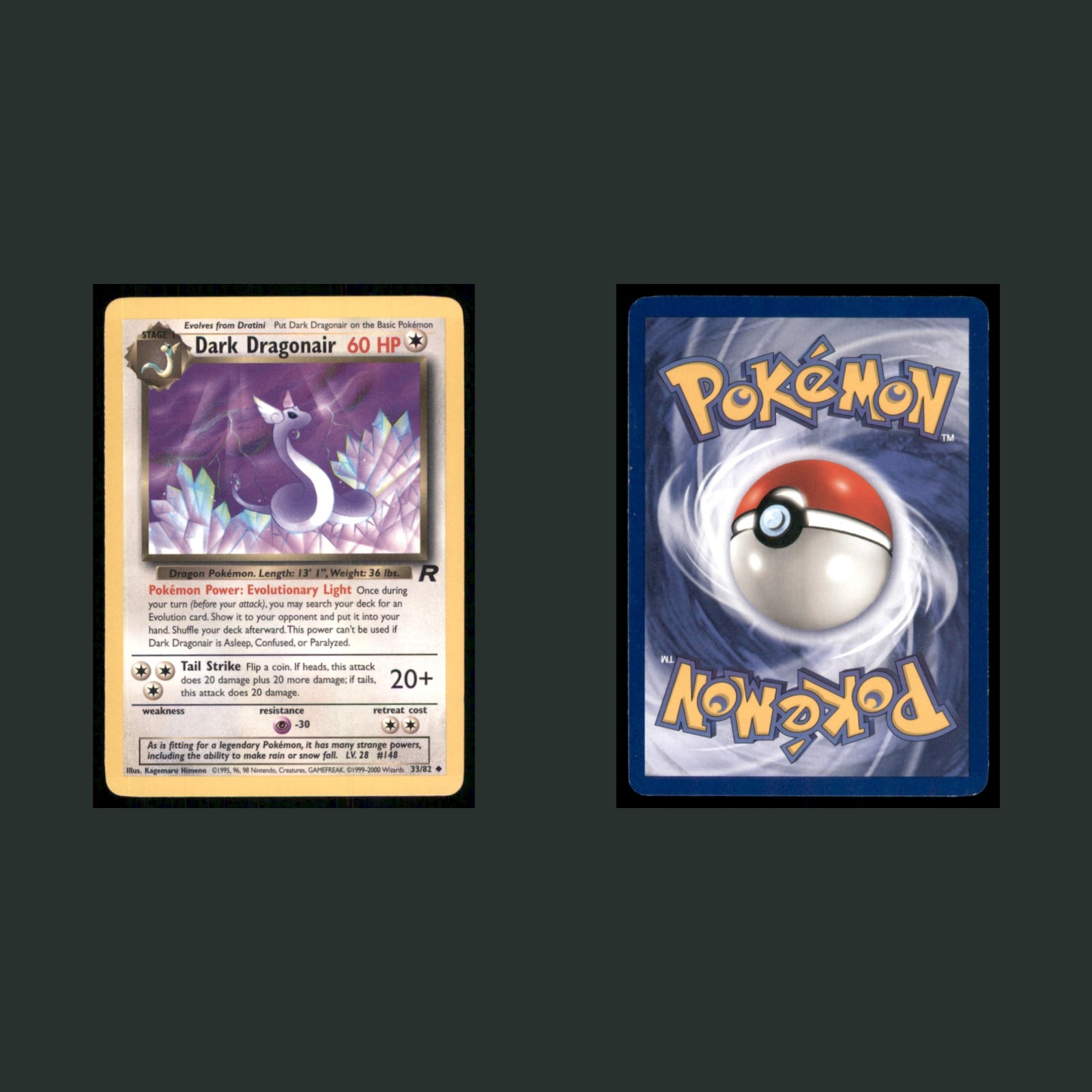 Dark Dragonair 33/82 2000 Uncommon Pokemon TCG Card front and back scans. Card condition is Excellent.