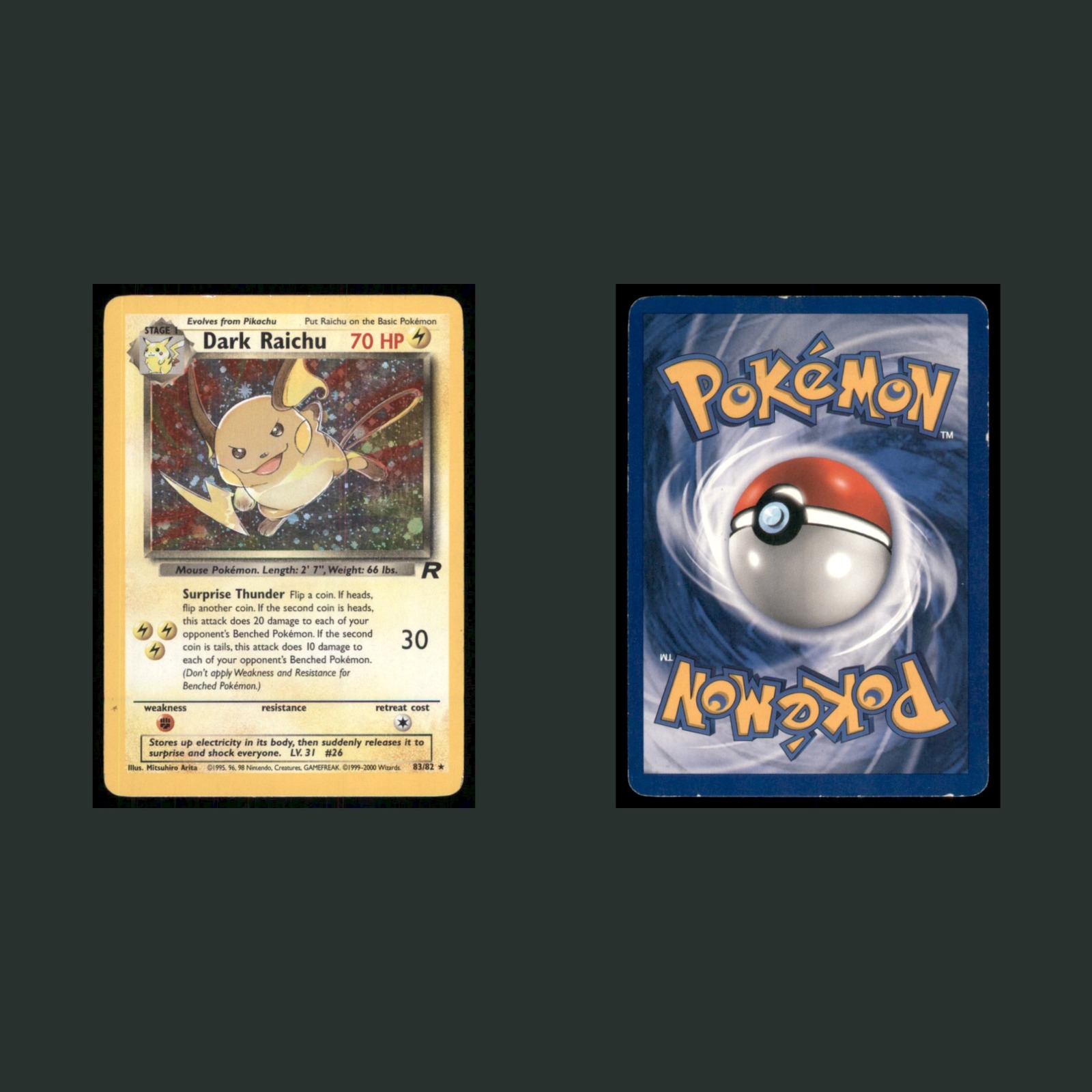 Dark Raichu 83/82 2000 Secret Rare Pokemon TCG Card front and back scans. Card condition is Poor.