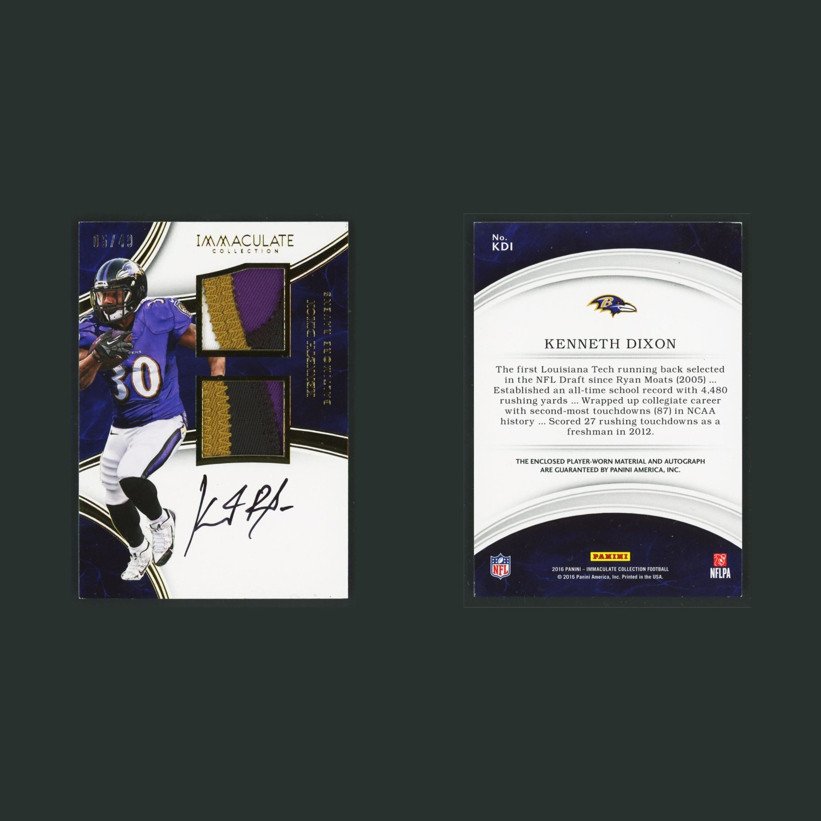 Kenneth Dixon RPA /49 #KD1 Autograph 2016 Panini Immaculate Baltimore Ravens NFL front and back scans. Card condition is Excellent.