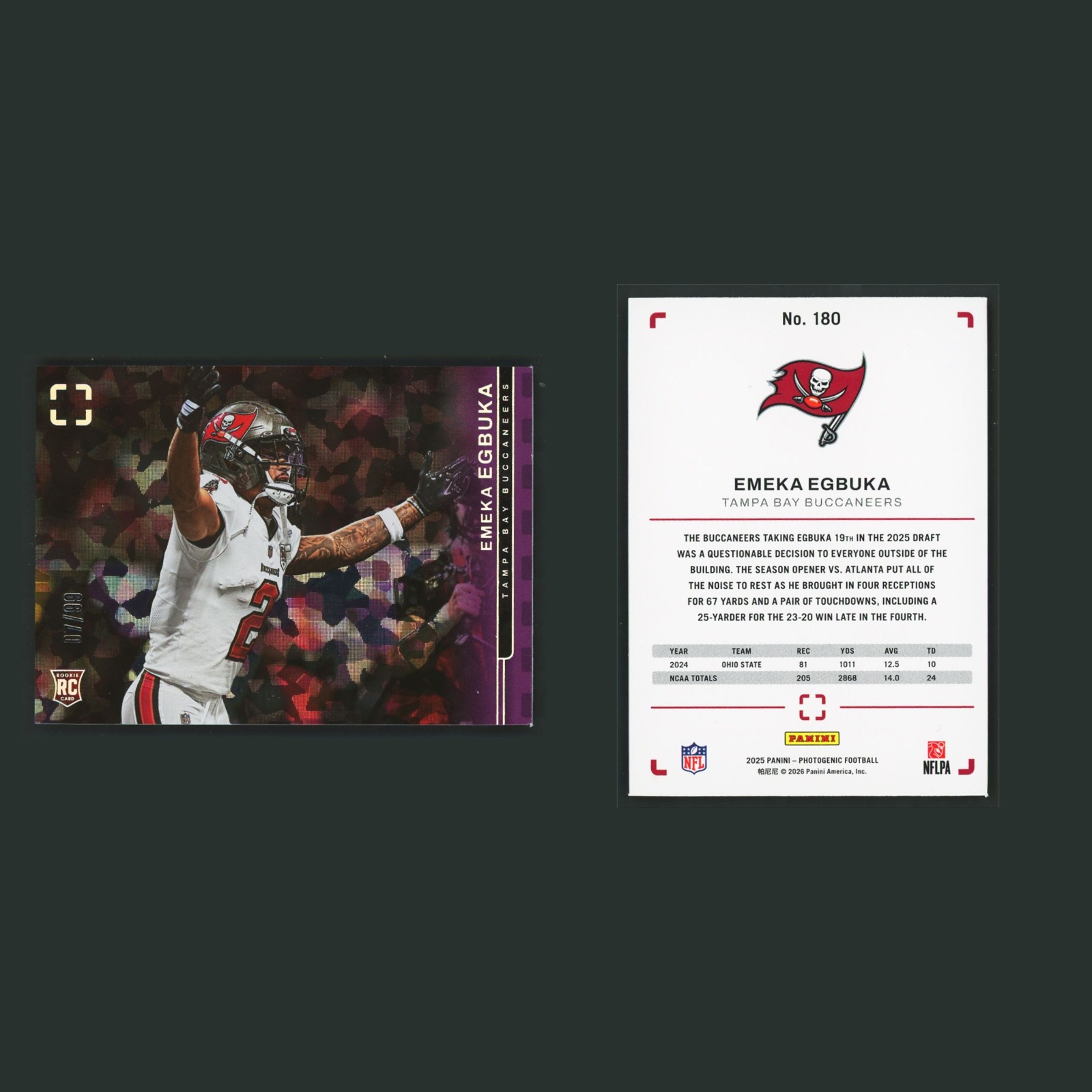 Emeka Egbuka Rookie /99 #180 2025 Panini Photogenic Purple Tampa Bay Buccaneers front and back scans. Card condition is Excellent.