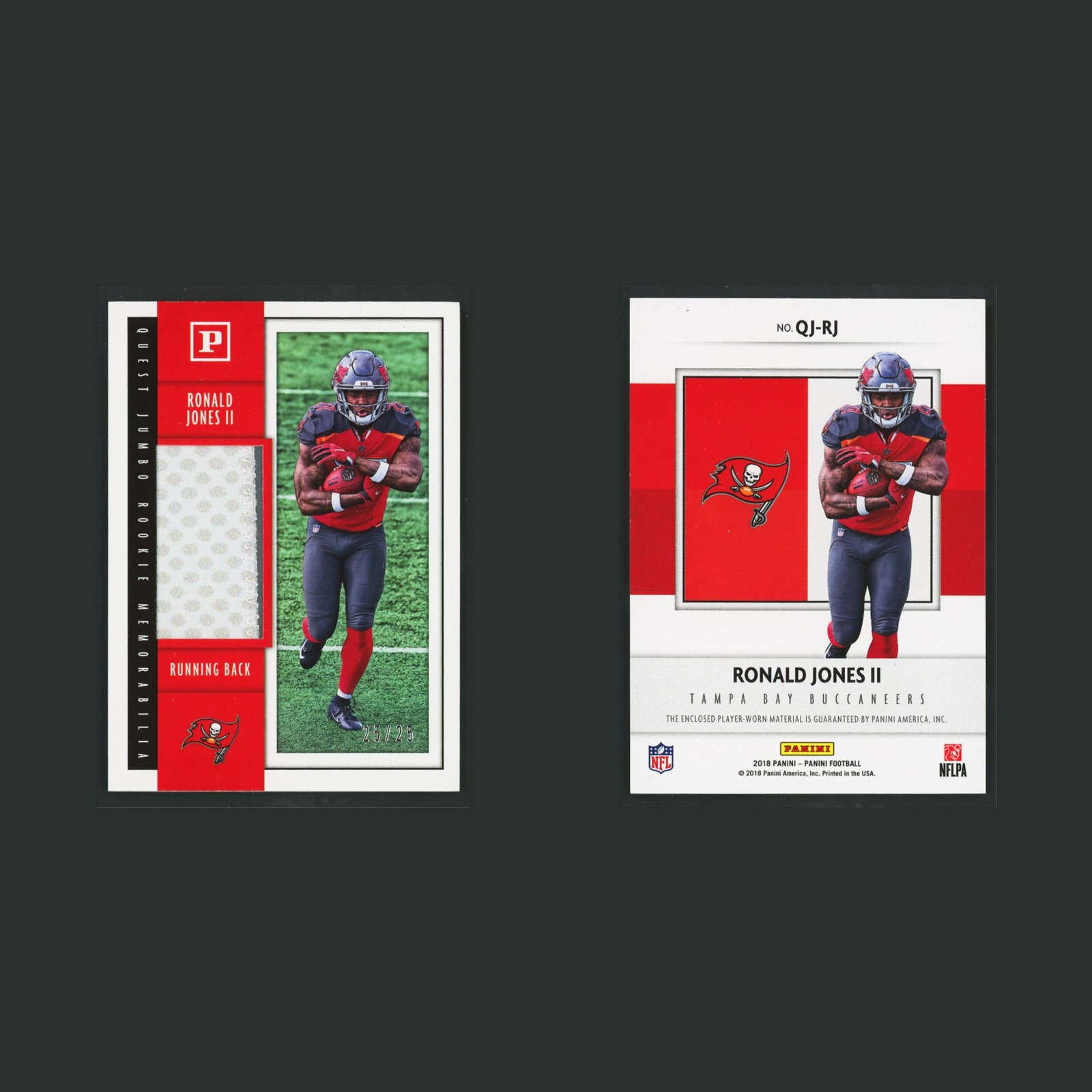 Ronald Jones II Rookie Patch #QJ-RJ 2018 Panini Rookie Memorabilia Buccaneers front and back scans. Card condition is Near Mint.
