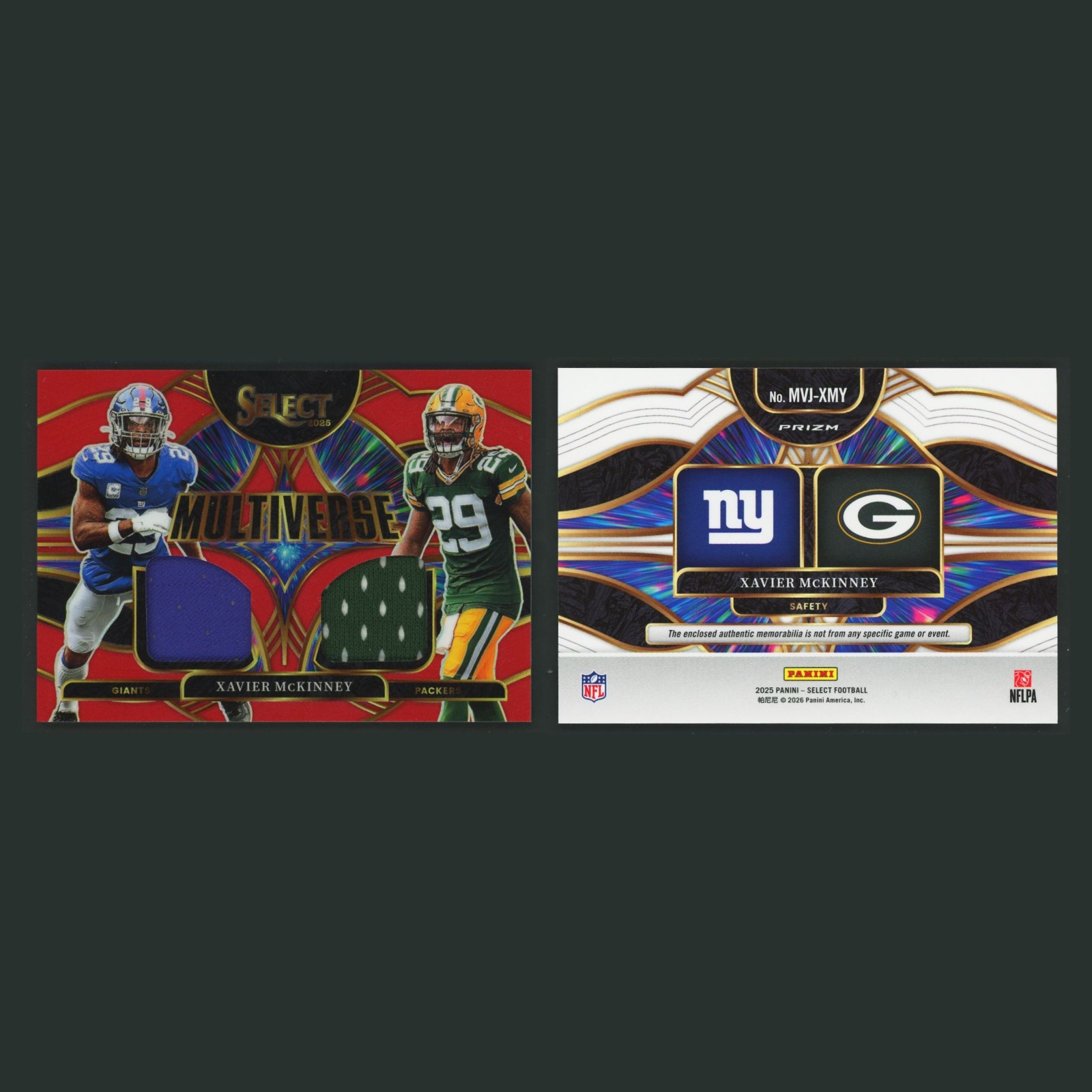 Xavier McKinney Patch #MVJ-XMY 2025 Panini Select Multiverse Jerseys Red Prizm front and back scans. Card condition is Near Mint.