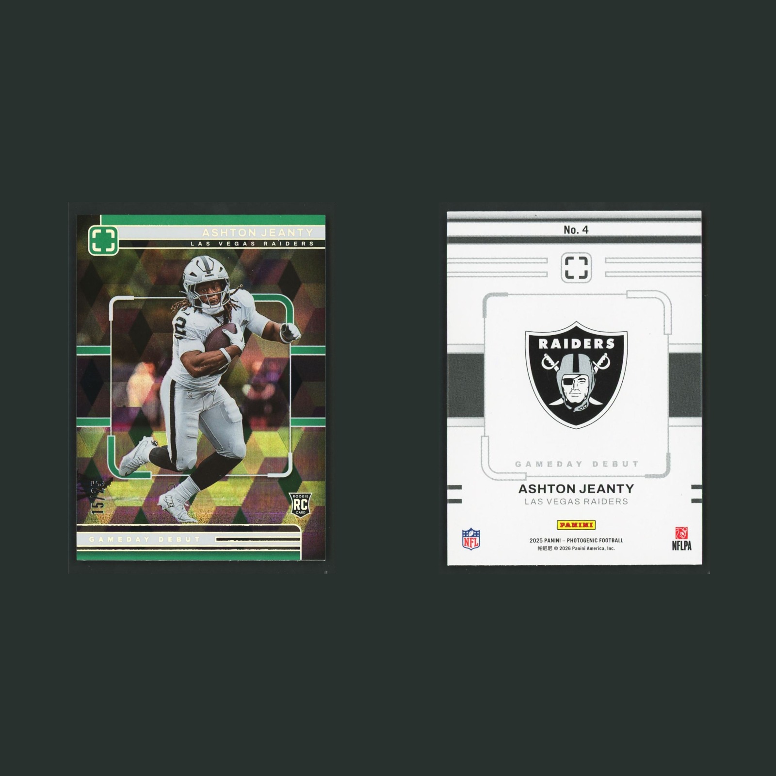 Ashton Jeanty Rookie /25 #4 2025 Panini Photogenic Green Las Vegas Raiders Card front and back scans. Card condition is Near Mint.