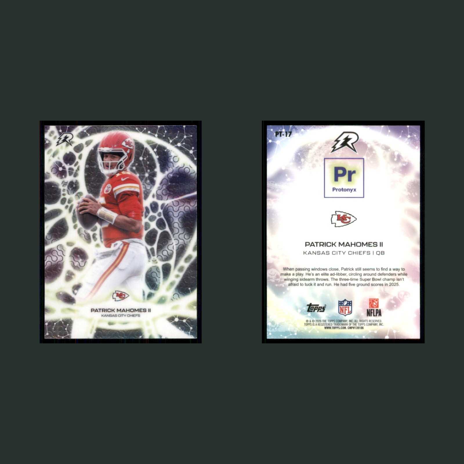 Patrick Mahomes II #PT-17 2025 Topps Resurgence Protonyx Kansas City Chiefs Card front and back scans. Card condition is Near Mint.
