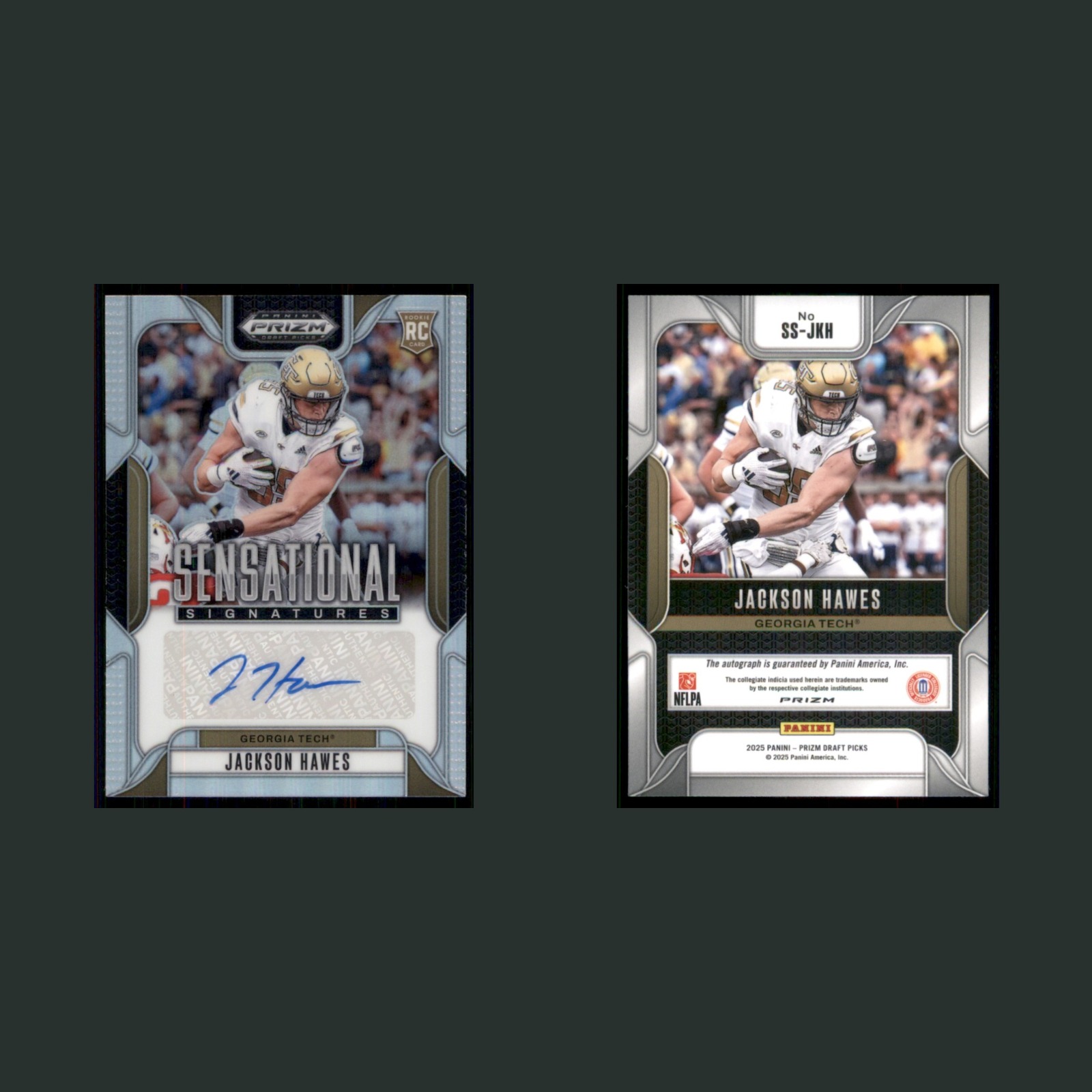 Jackson Hawes Rookie #SS-JKH Autograph 2025 Georgia Tech Yellow Jackets Football front and back scans. Card condition is Near Mint.