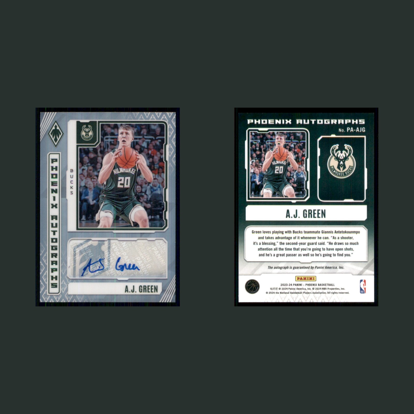A.J. Green Auto #PA-AJG Autograph 2023-24 Panini Phoenix Autographs Bucks Card front and back scans. Card condition is Near Mint.