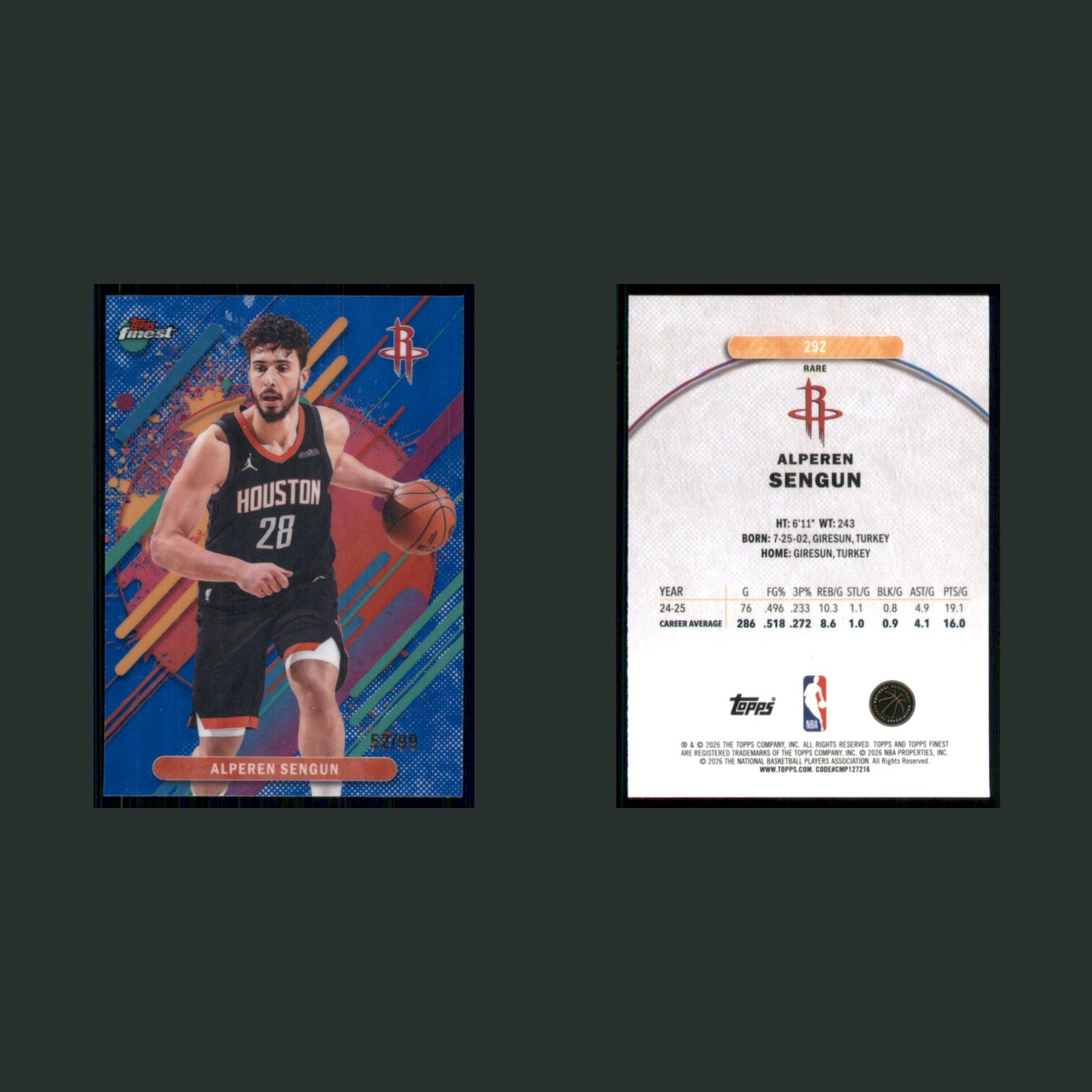 Alperen Sengun /99 #292 2025-26 Topps Finest Blue Refractor Houston Rockets Card front and back scans. Card condition is Near Mint.