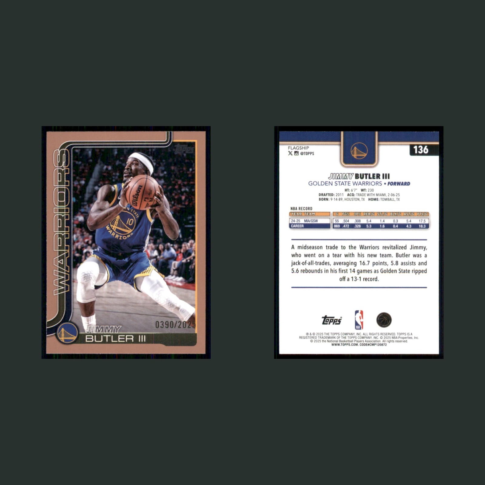 Jimmy Butler III /2025 #136 2025-26 Topps Gold Golden State Warriors Basketball front and back scans. Card condition is Near Mint.
