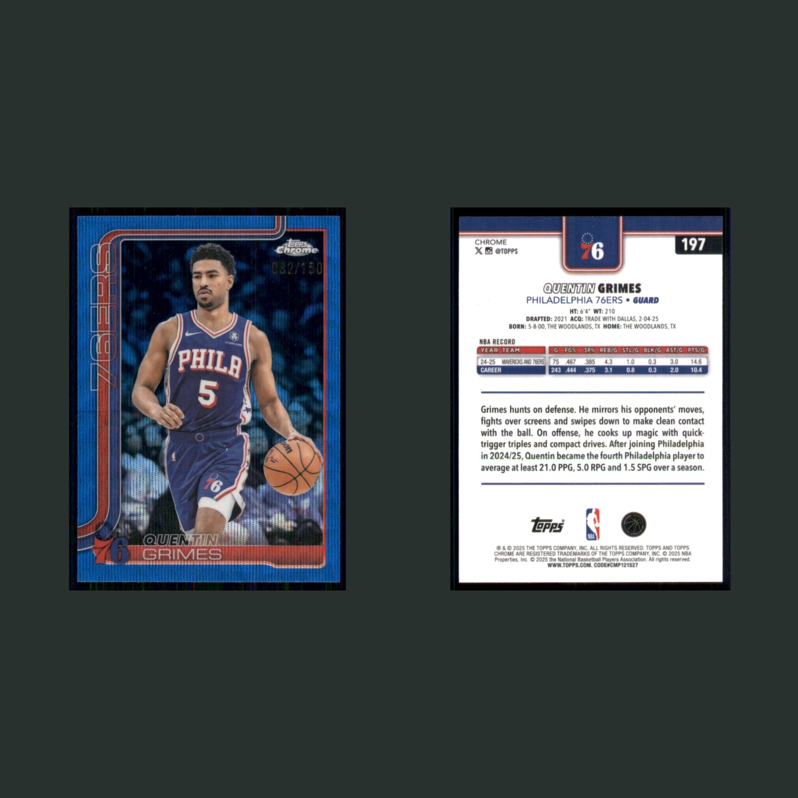 Quentin Grimes /150 #197 2025-26 Topps Chrome Blue Wave Refractor 76ers Card NBA front and back scans. Card condition is Near Mint.
