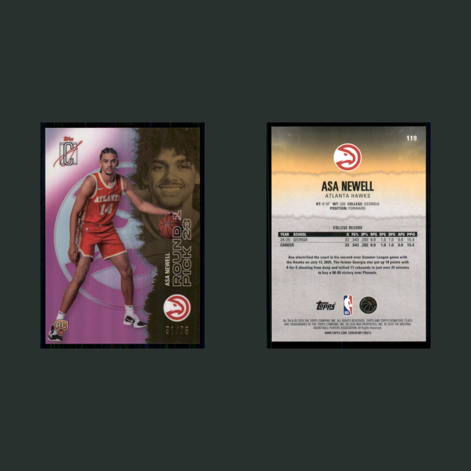 Asa Newell Rookie /75 #119 2025-26 Topps Signature Class Pink Atlanta Hawks Card front and back scans. Card condition is Near Mint.