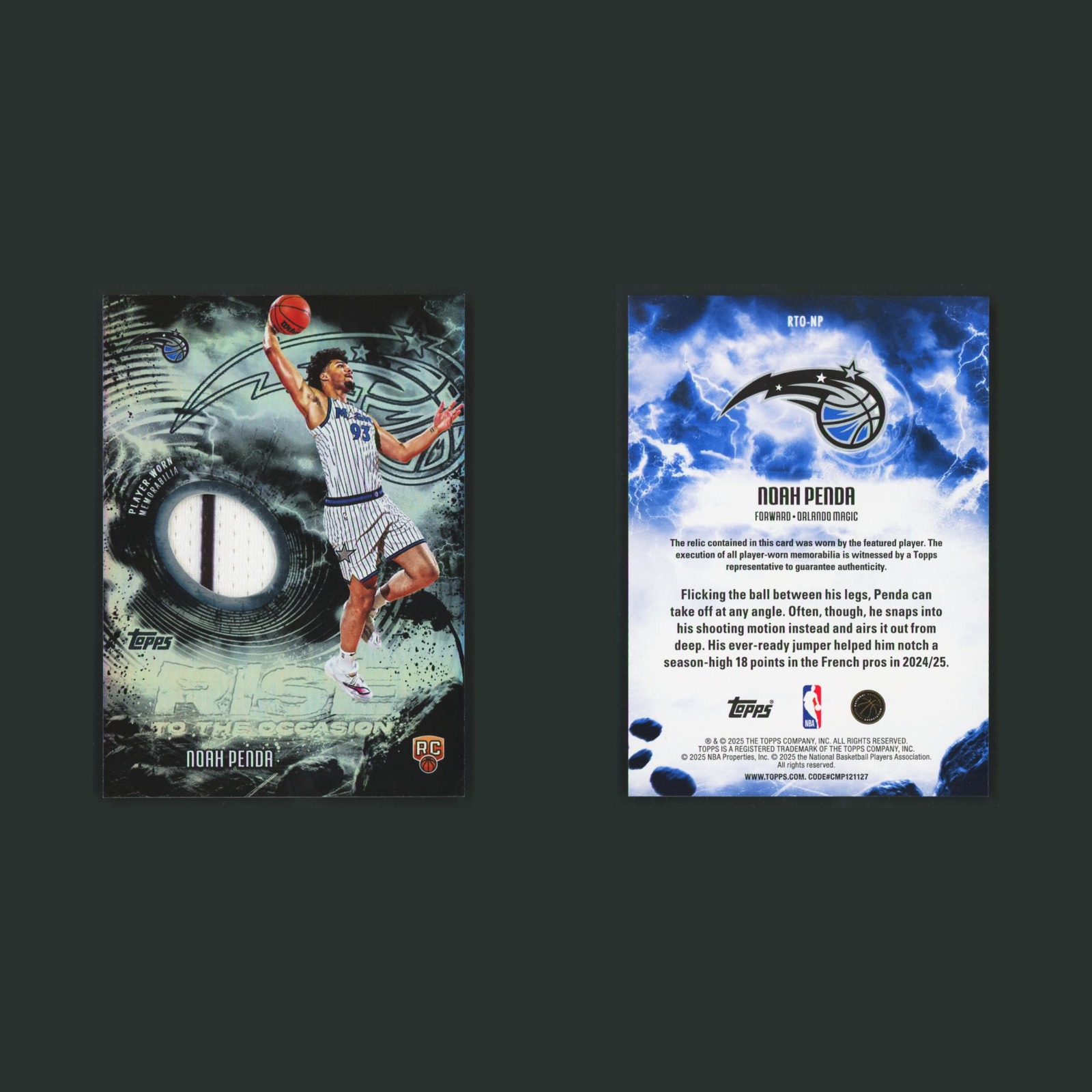 Noah Penda Rookie Patch #RTO-NP 2025-26 Topps Rise to the Occasion Relics Magic front and back scans. Card condition is Near Mint.