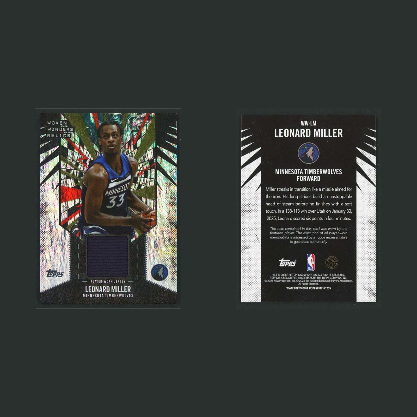 Leonard Miller Patch #WW-LM 2025-26 Topps Woven Wonders Relics Holo Foil Card front and back scans. Card condition is Near Mint.