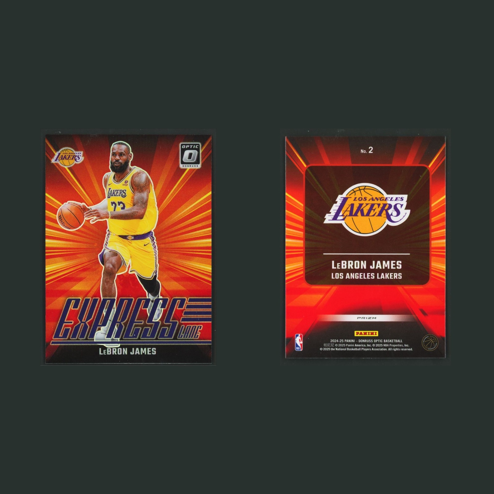 LeBron James #2 2024-25 Donruss Optic Express Lane Prizm Los Angeles Lakers Card front and back scans. Card condition is Near Mint.