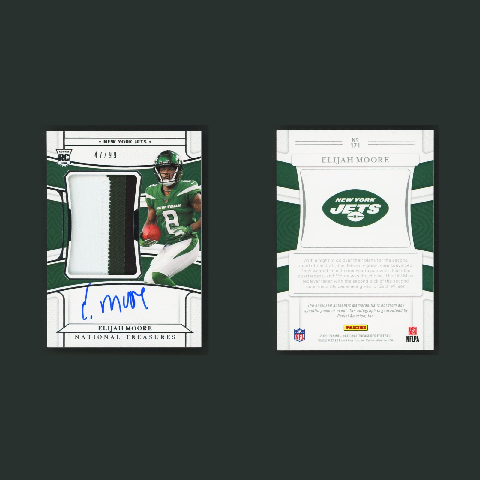 Elijah Moore RPA /99 #171 Autograph 2021 Panini National Treasures New York Jets front and back scans. Card condition is Near Mint.